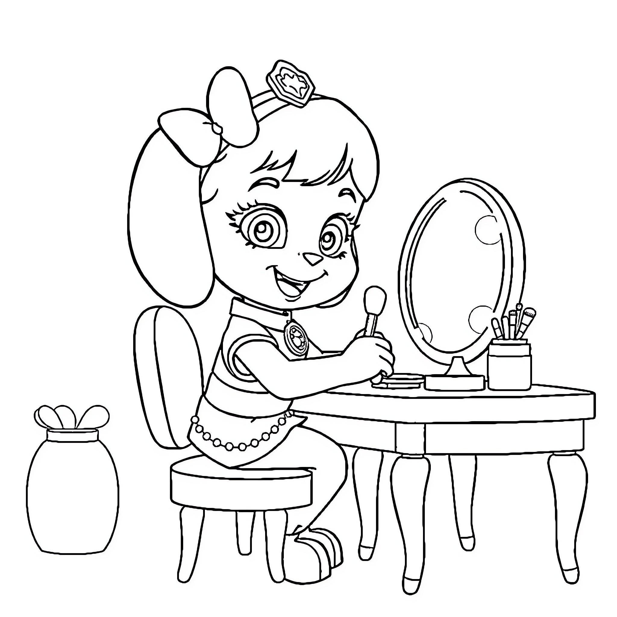 Skye getting ready at her vanity table Coloring Page (free black-and-white line drawing printable PDF for all, from beginners to advanced learners, including children, teens, adults, and seniors)