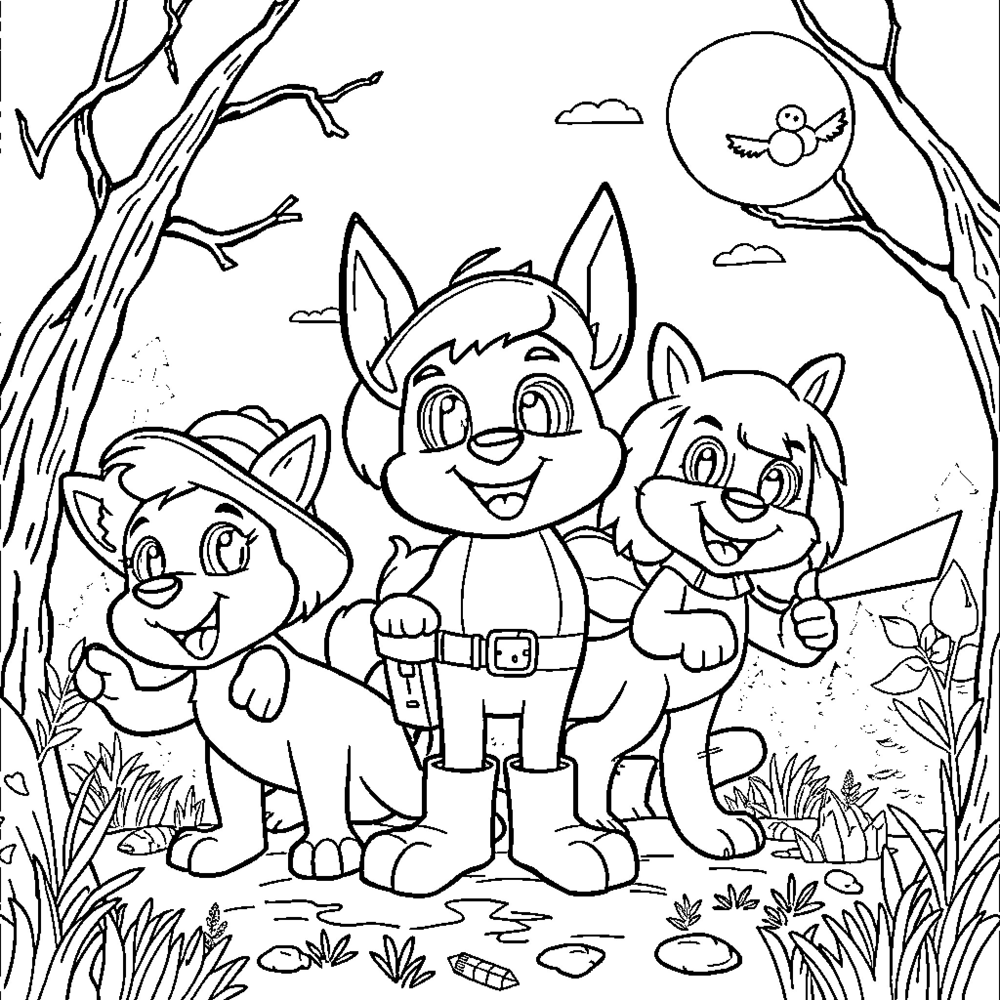 Huntrix adventurers explore the enchanted forest Coloring Page (free black-and-white line drawing printable PDF for all, from beginners to advanced learners, including children, teens, adults, and seniors)