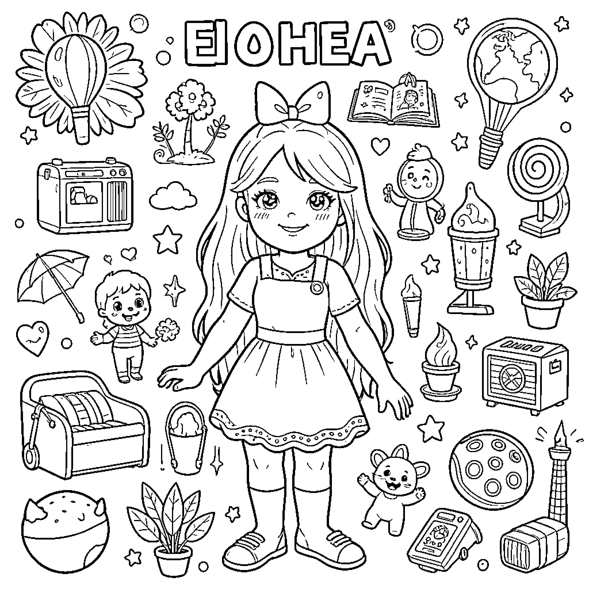 Ella's Imaginative World of Fun and Learning Coloring Page (free black-and-white line drawing printable PDF for all, from beginners to advanced learners, including children, teens, adults, and seniors)