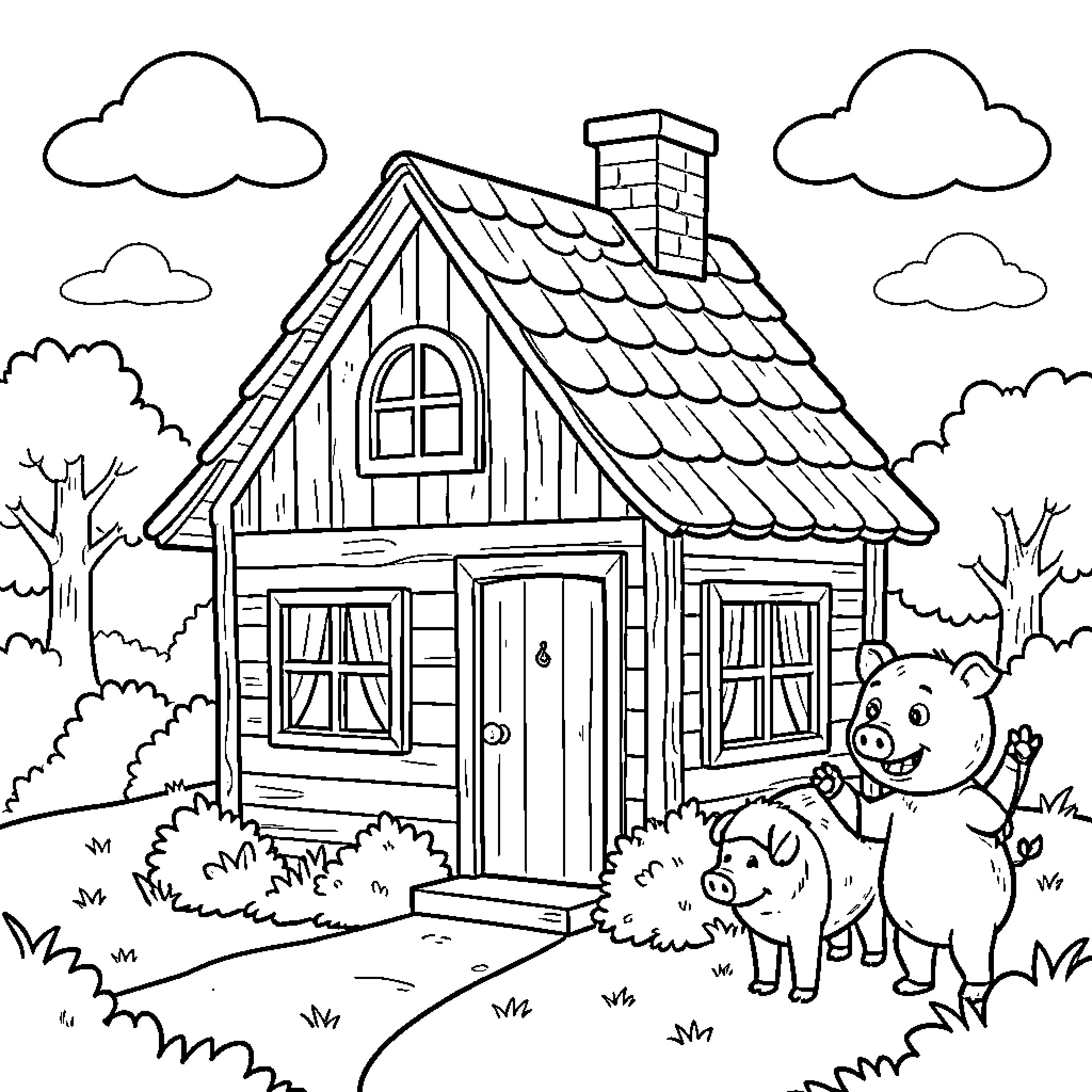 Maison with happy pigs standing in front of the house Coloring Page (free black-and-white line drawing printable PDF for all, from beginners to advanced learners, including children, teens, adults, and seniors)