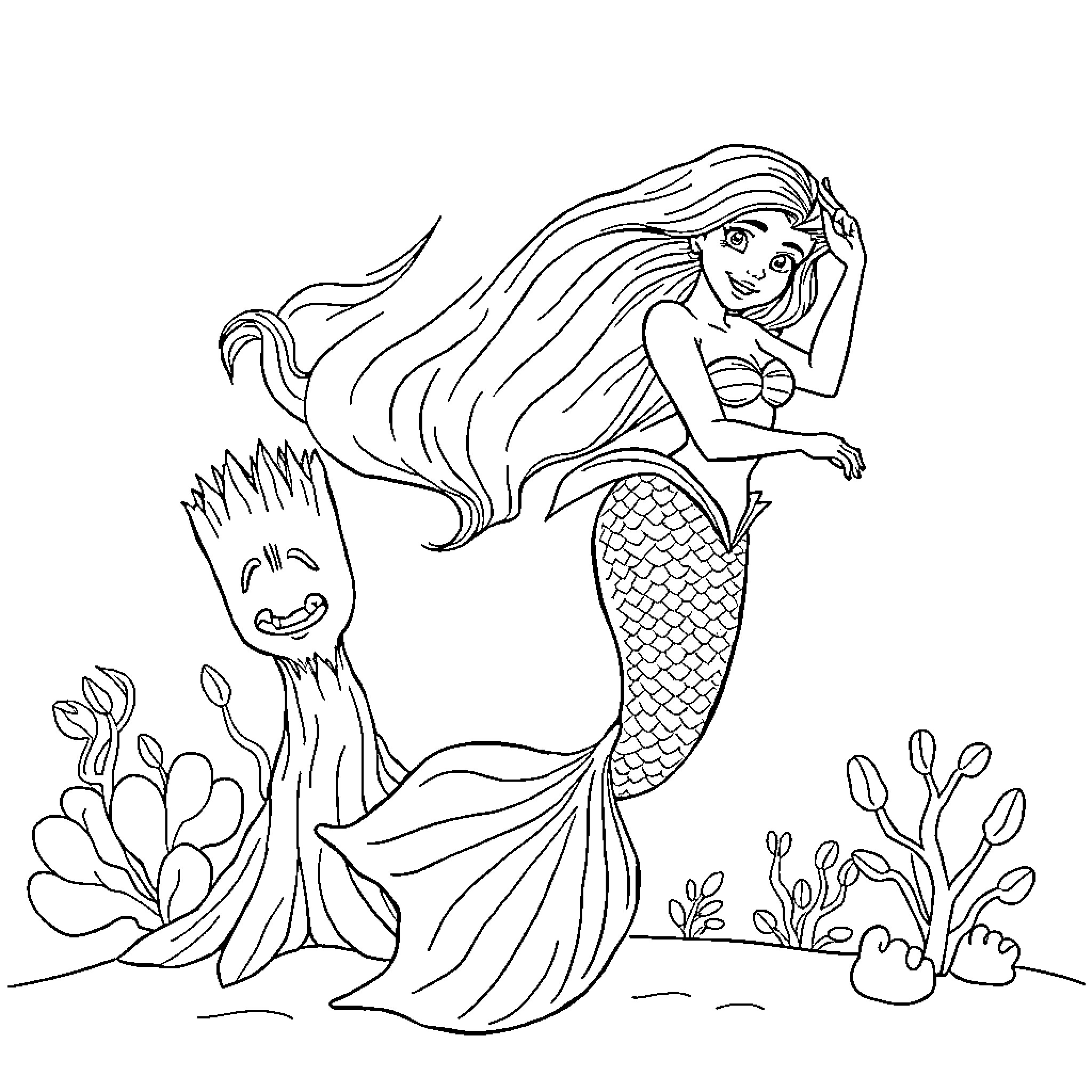 Ariel exploring the underwater world Coloring Page (free black-and-white line drawing printable PDF for all, from beginners to advanced learners, including children, teens, adults, and seniors)