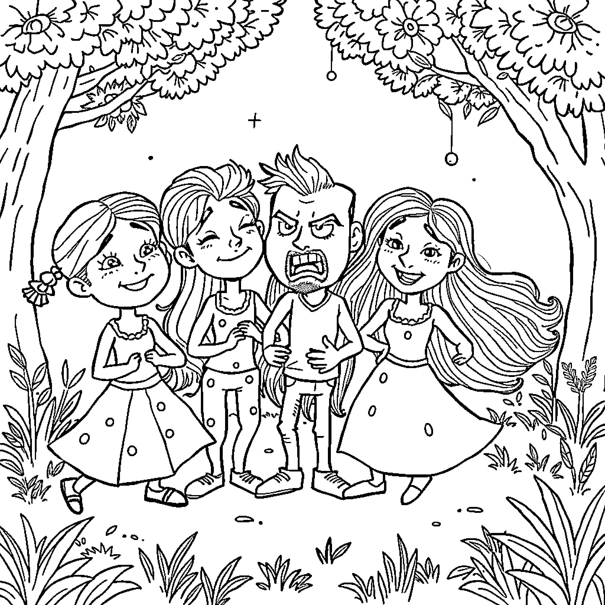 Personajes alegres explorando el bosque Coloring Page (free black-and-white line drawing printable PDF for all, from beginners to advanced learners, including children, teens, adults, and seniors)