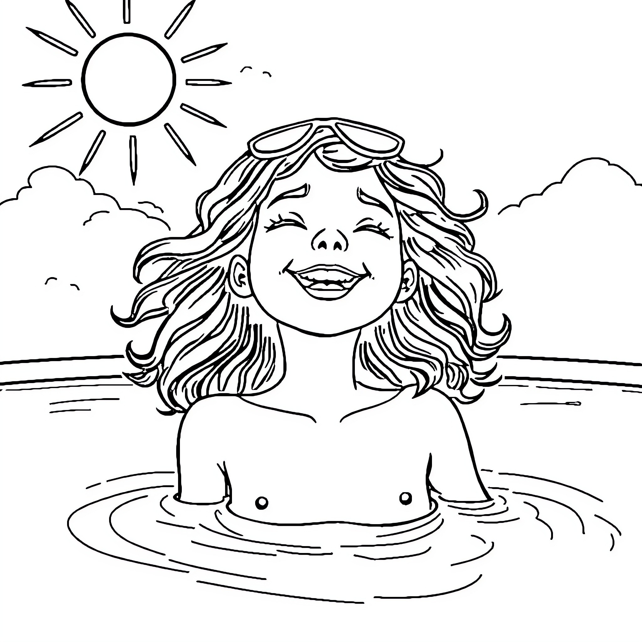 Girl enjoying a sunny day by the water Coloring Page (free black-and-white line drawing printable PDF for all, from beginners to advanced learners, including children, teens, adults, and seniors)