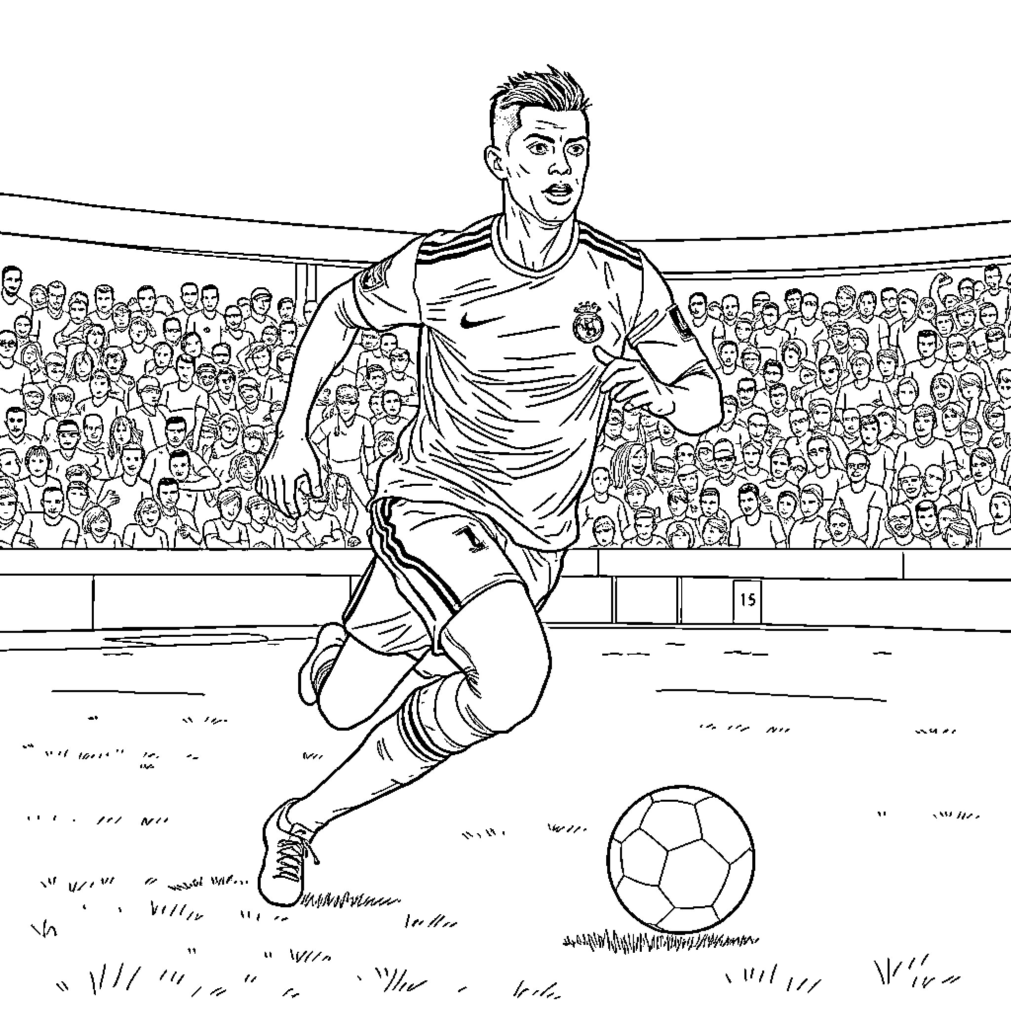 Cristiano Ronaldo playing football on the field Coloring Page (free black-and-white line drawing printable PDF for all, from beginners to advanced learners, including children, teens, adults, and seniors)