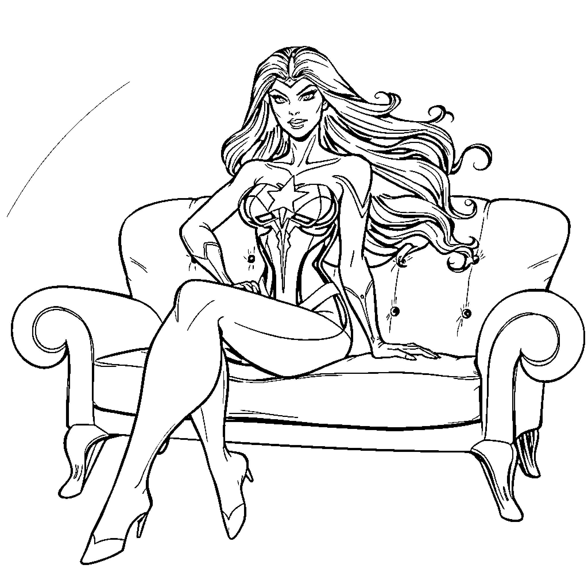 Star Sapphire lounges gracefully on an ornate sofa Coloring Page (free black-and-white line drawing printable PDF for all, from beginners to advanced learners, including children, teens, adults, and seniors)