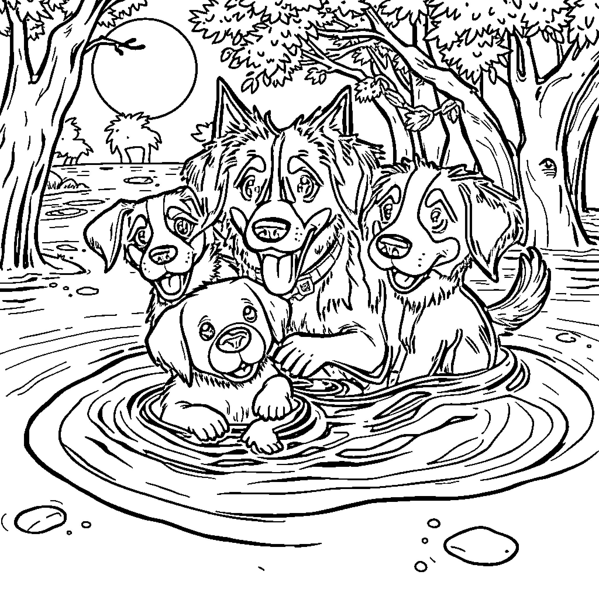 Paw Patrol characters playing in a forest pond Coloring Page (free black-and-white line drawing printable PDF for all, from beginners to advanced learners, including children, teens, adults, and seniors)