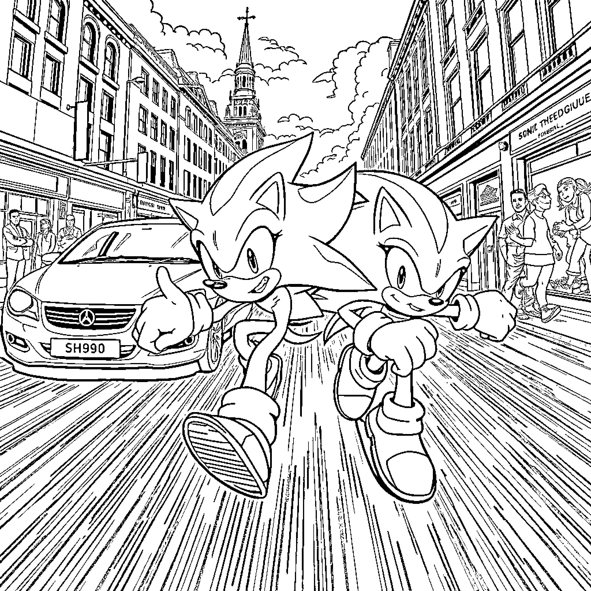Hedgehog duo racing through the city streets Coloring Page (free black-and-white line drawing printable PDF for all, from beginners to advanced learners, including children, teens, adults, and seniors)