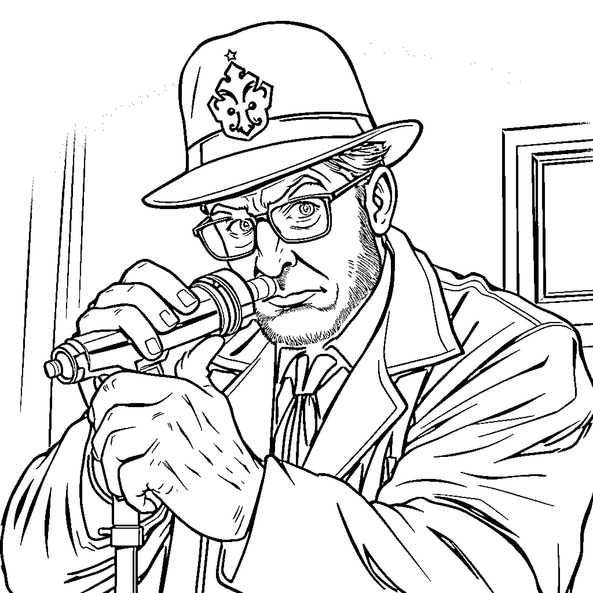 Coroner examining crime scene with magnifying glass Coloring Page (free black-and-white line drawing printable PDF for all, from beginners to advanced learners, including children, teens, adults, and seniors)