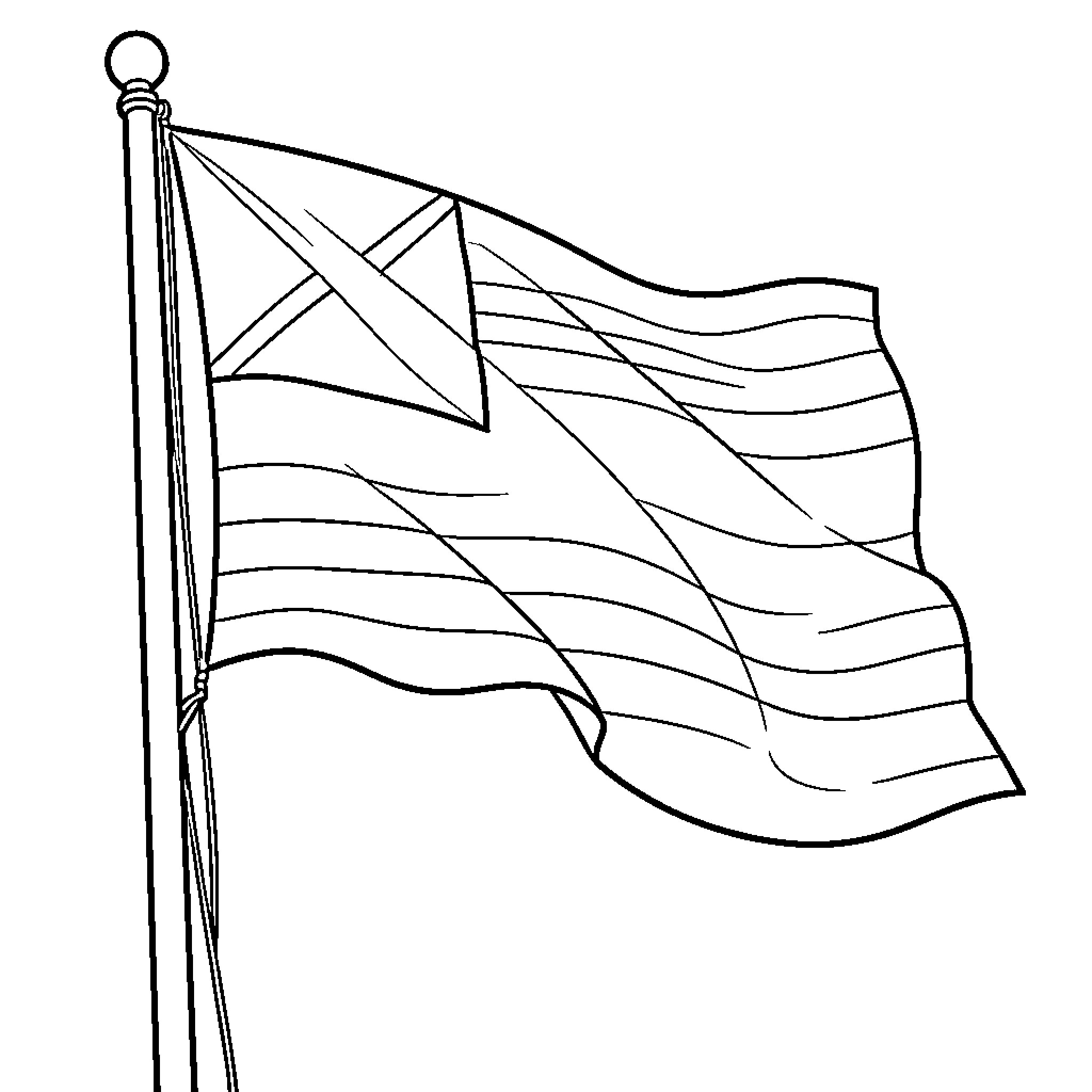 Flag waving gracefully on a tall flagpole Coloring Page (free black-and-white line drawing printable PDF for all, from beginners to advanced learners, including children, teens, adults, and seniors)