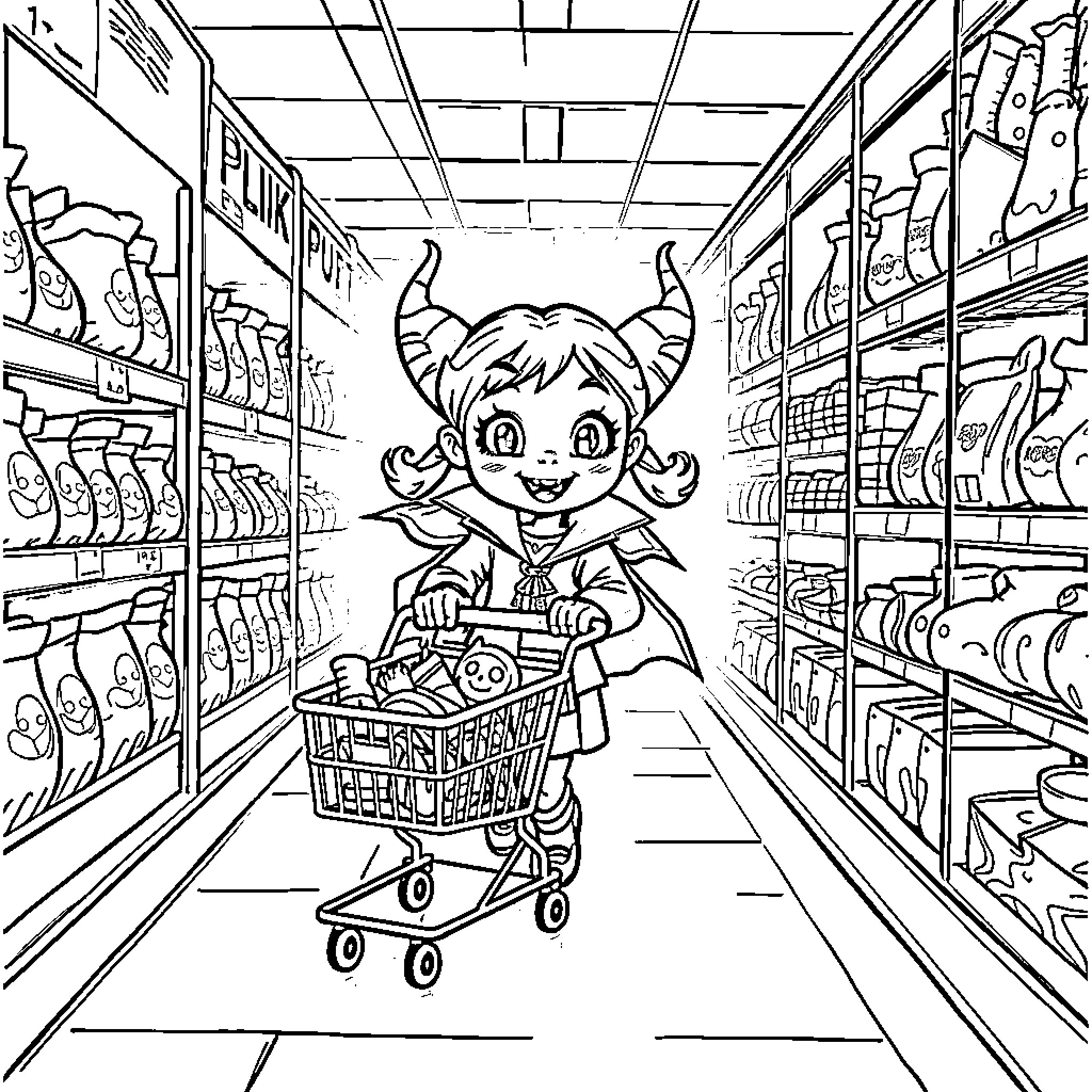 Vampire Child Shopping in Supermarket Coloring Page (free black-and-white line drawing printable PDF for all, from beginners to advanced learners, including children, teens, adults, and seniors)