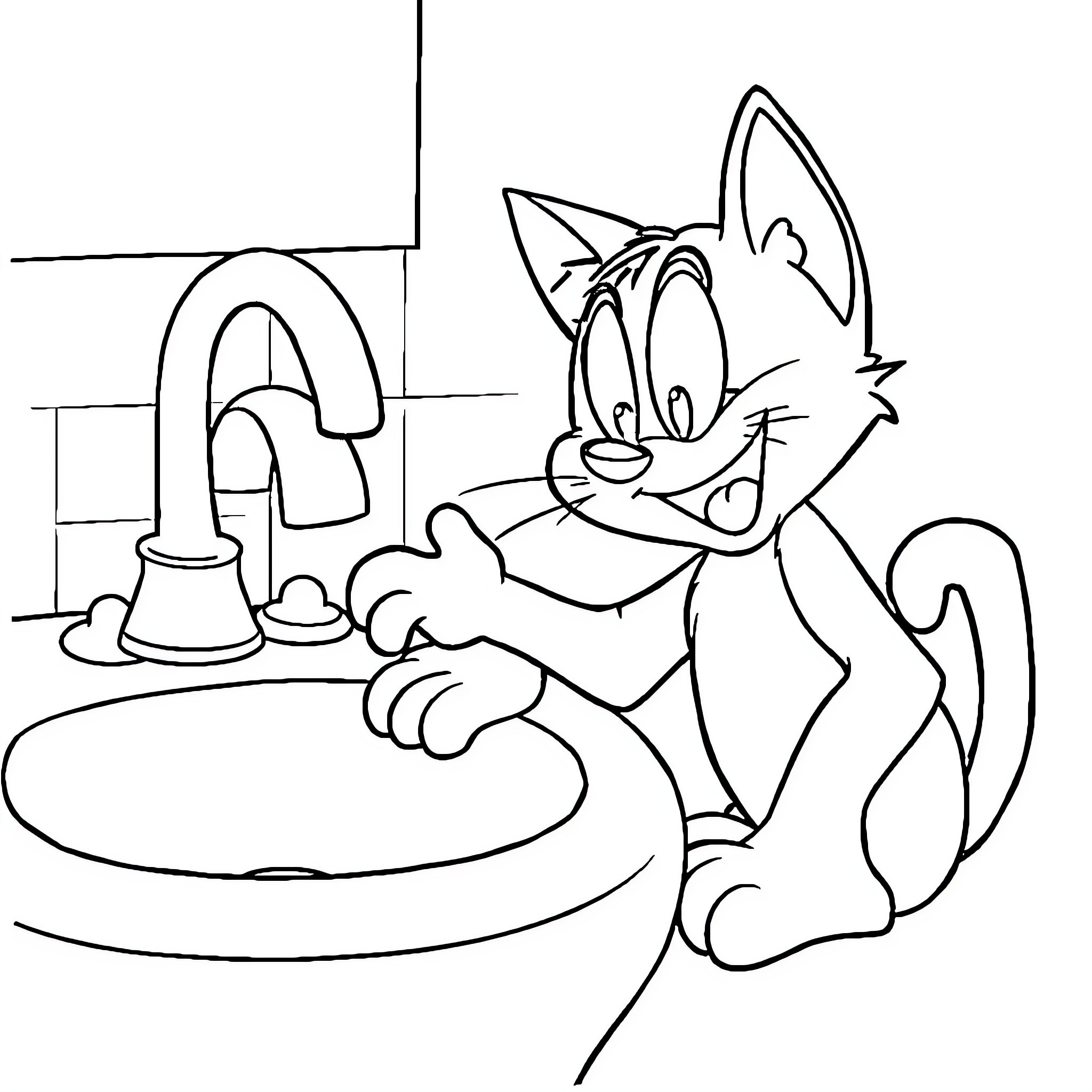 Felix enjoys playful antics in the bathroom Coloring Page (free black-and-white line drawing printable PDF for all, from beginners to advanced learners, including children, teens, adults, and seniors)