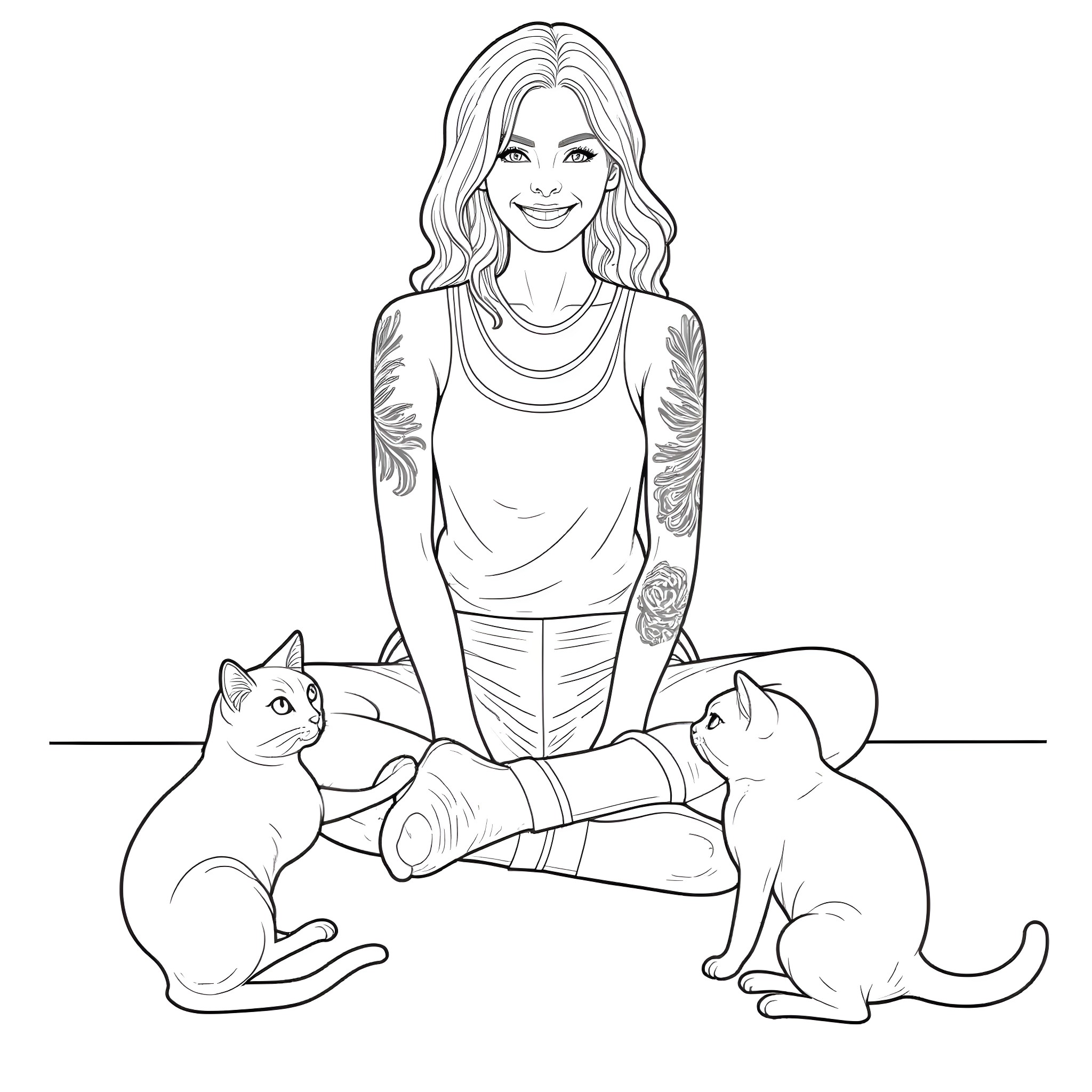 Girl smiling with cats Coloring Page (free black-and-white line drawing printable PDF for all, from beginners to advanced learners, including children, teens, adults, and seniors)
