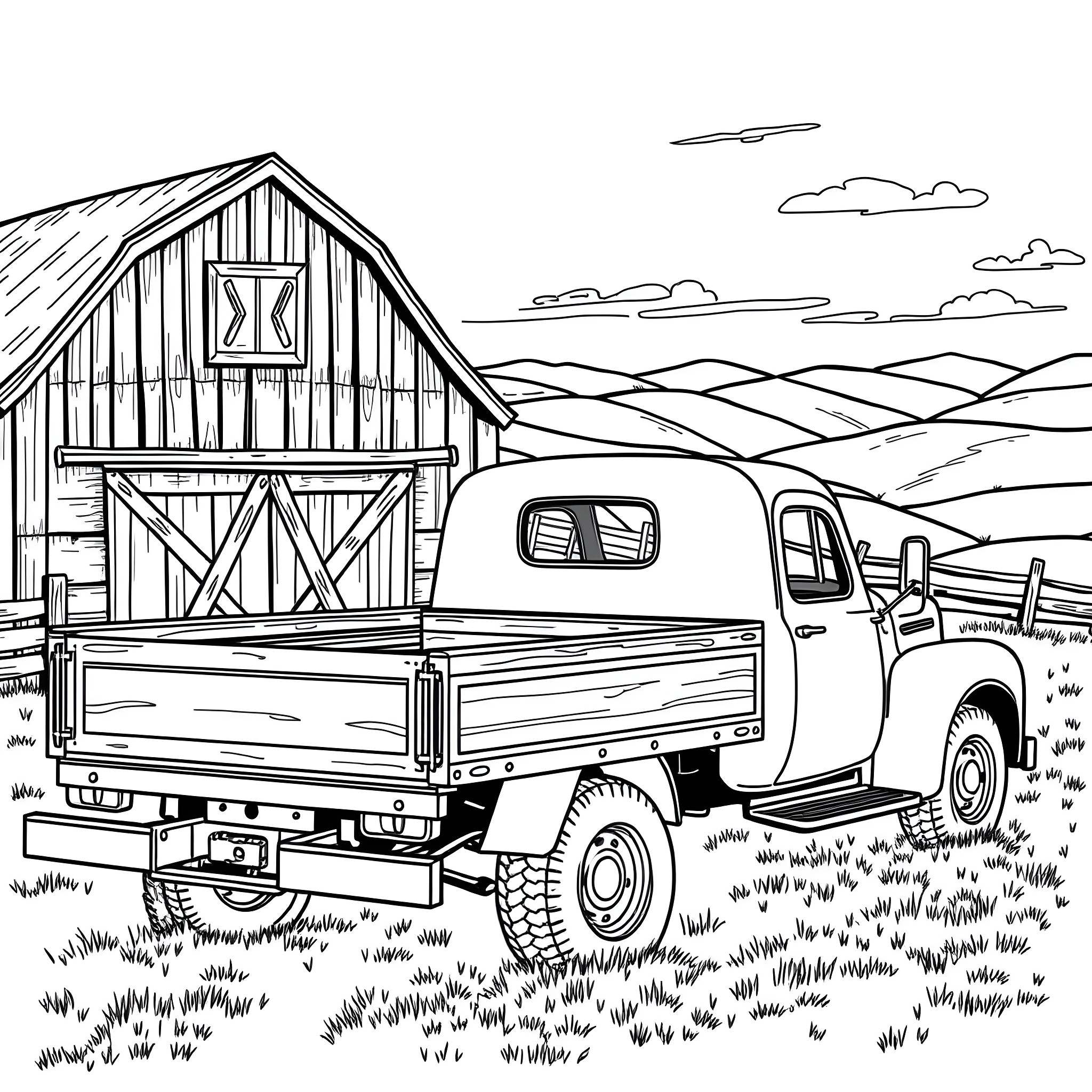 Truck Parked in Rural Farmland Scene Coloring Page (free black-and-white line drawing printable PDF for all, from beginners to advanced learners, including children, teens, adults, and seniors)