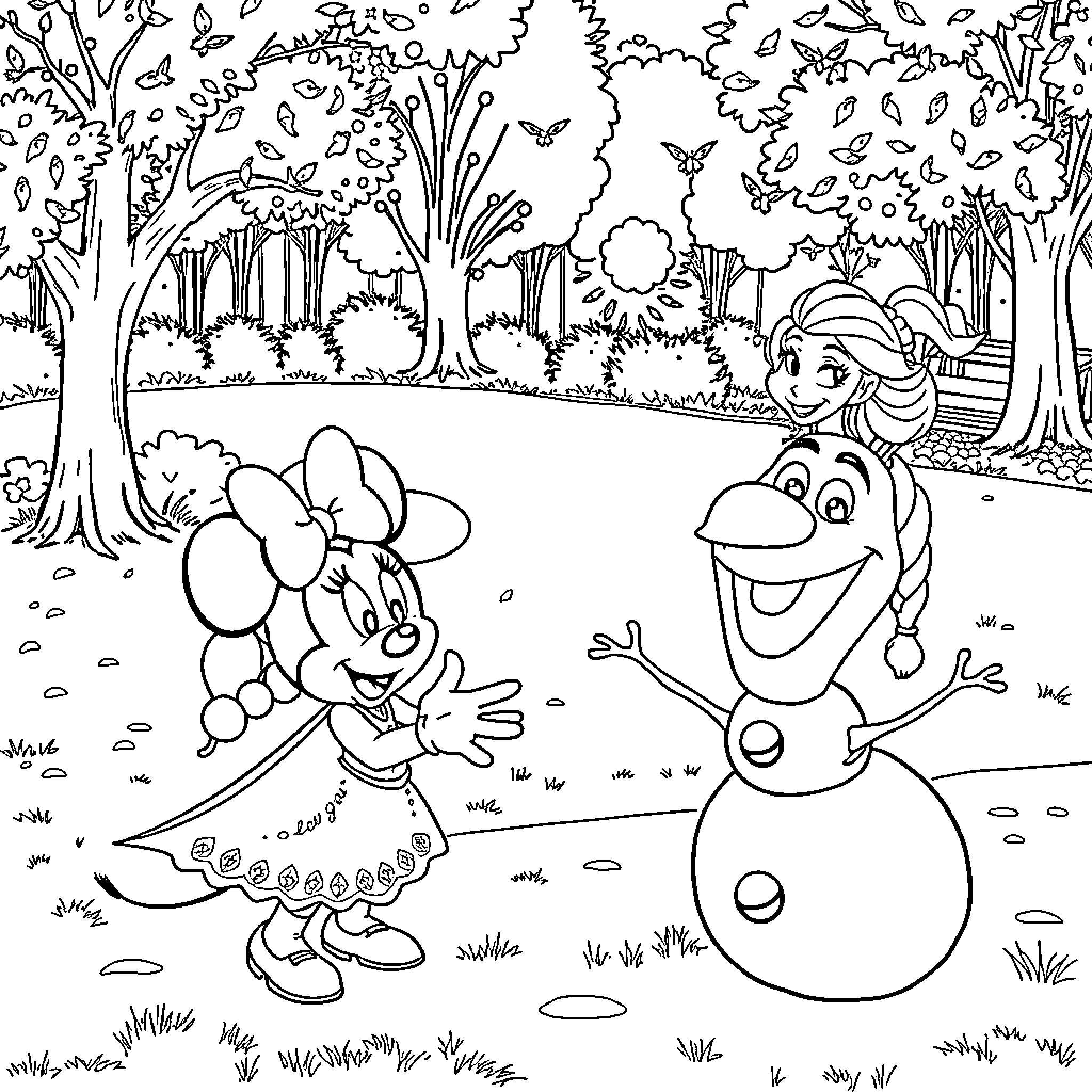 Minnie Mouse and Olaf the Snowman in Enchanted Forest Coloring Page (free black-and-white line drawing printable PDF for all, from beginners to advanced learners, including children, teens, adults, and seniors)