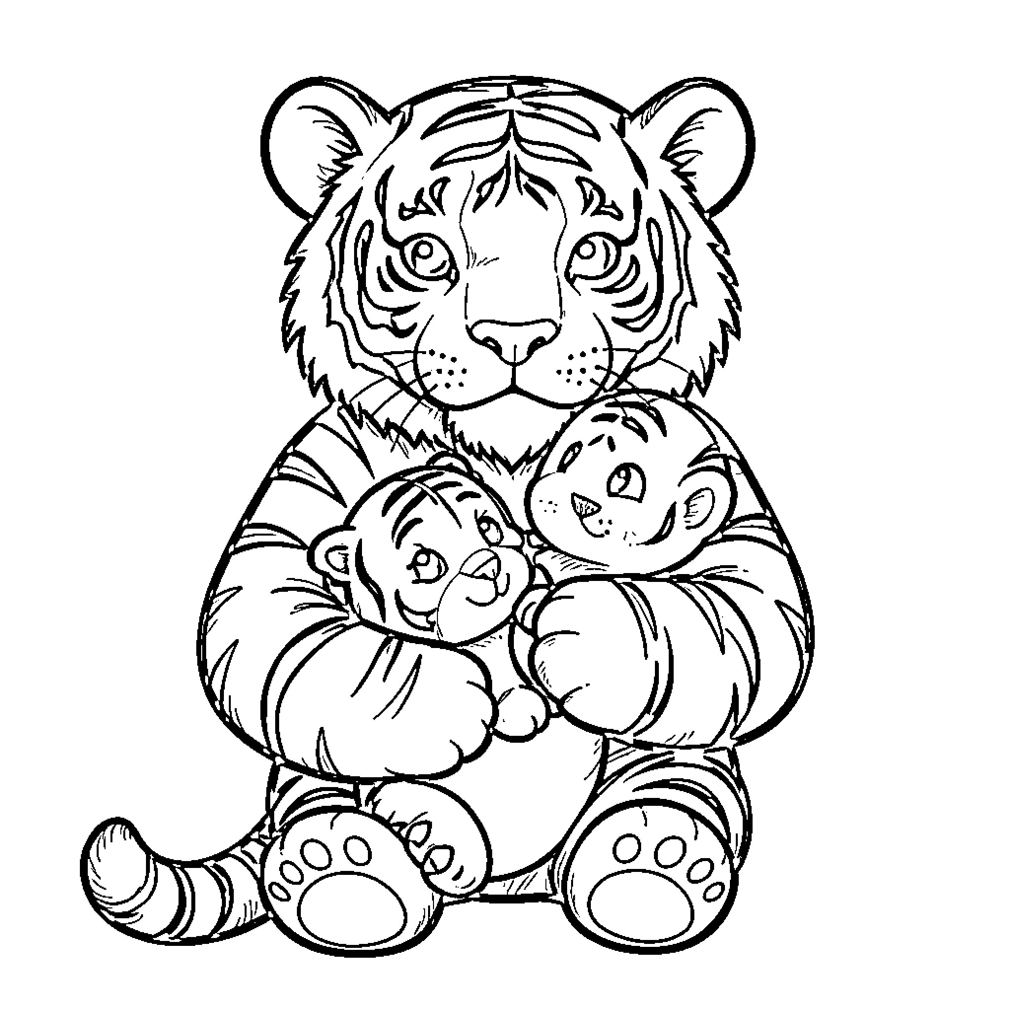 Tigre hugging two adorable cubs affectionately Coloring Page (free black-and-white line drawing printable PDF for all, from beginners to advanced learners, including children, teens, adults, and seniors)