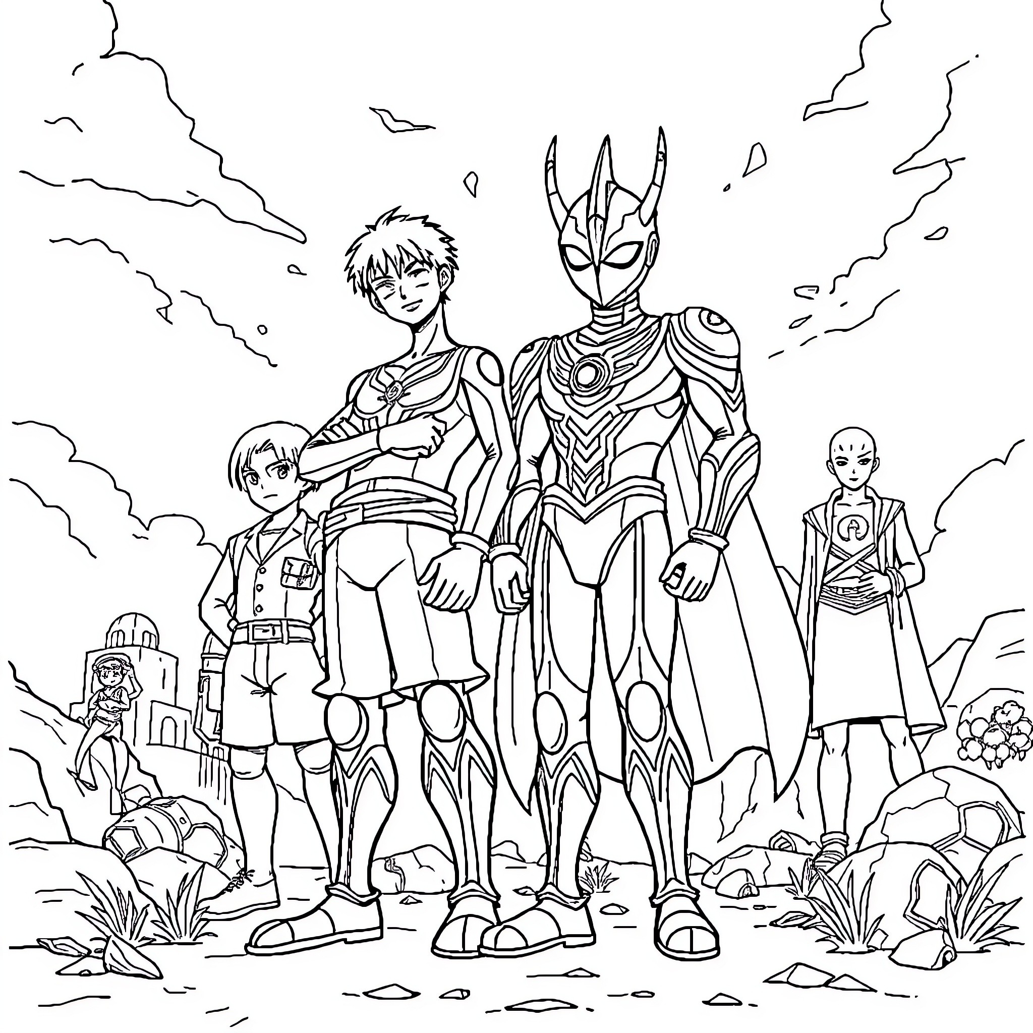 One Piece: Heroes Assemble in an Otherworldly Landscape Coloring Page (free black-and-white line drawing printable PDF for all, from beginners to advanced learners, including children, teens, adults, and seniors)