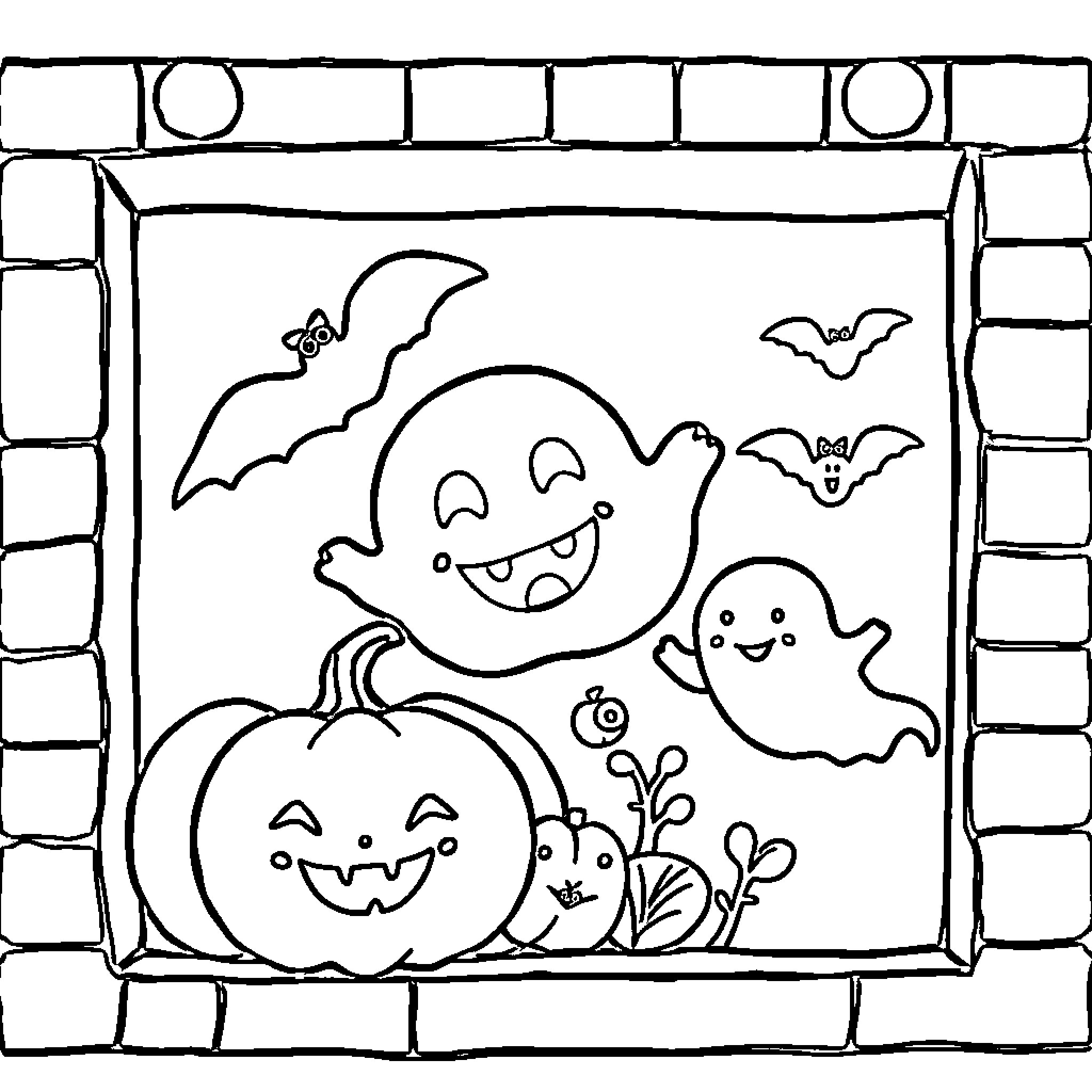 Rectangle of Halloween Decorations and Characters Coloring Page (free black-and-white line drawing printable PDF for all, from beginners to advanced learners, including children, teens, adults, and seniors)
