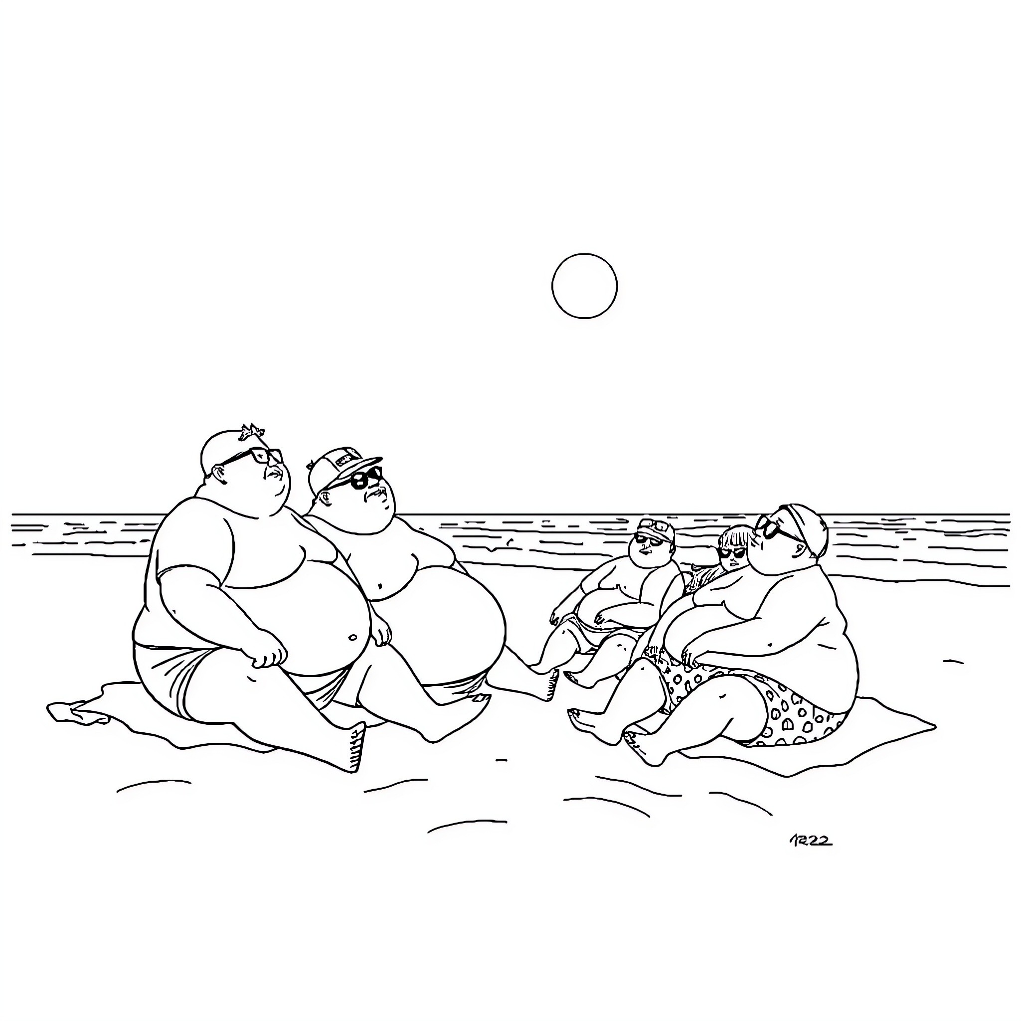 Person relaxing at the beach with friends Coloring Page (free black-and-white line drawing printable PDF for all, from beginners to advanced learners, including children, teens, adults, and seniors)
