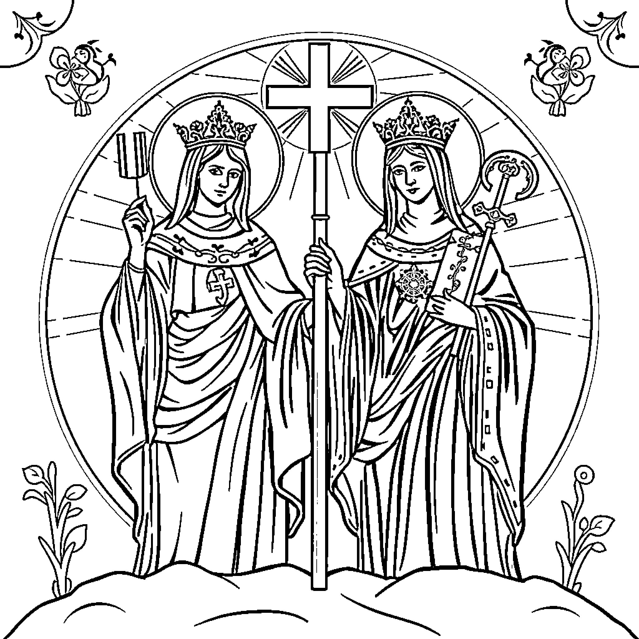 Martyr Martyrs Standing Tall with Cross and Crown Coloring Page (free black-and-white line drawing printable PDF for all, from beginners to advanced learners, including children, teens, adults, and seniors)