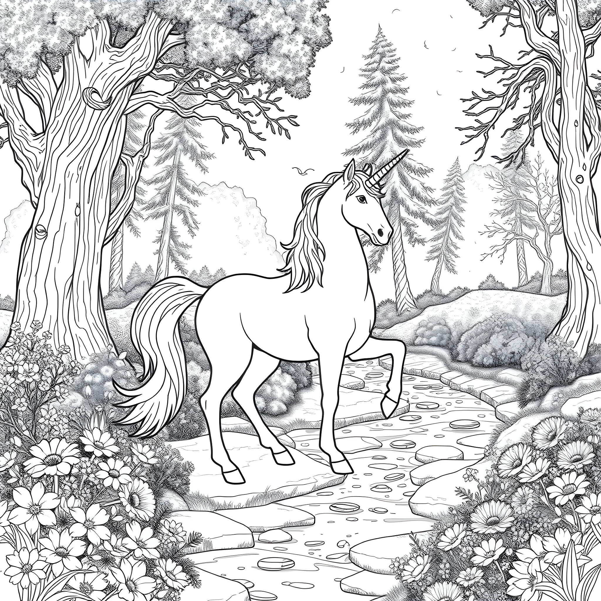 Unicorn Enchanted Forest Adventure Coloring Page (free black-and-white line drawing printable PDF for all, from beginners to advanced learners, including children, teens, adults, and seniors)