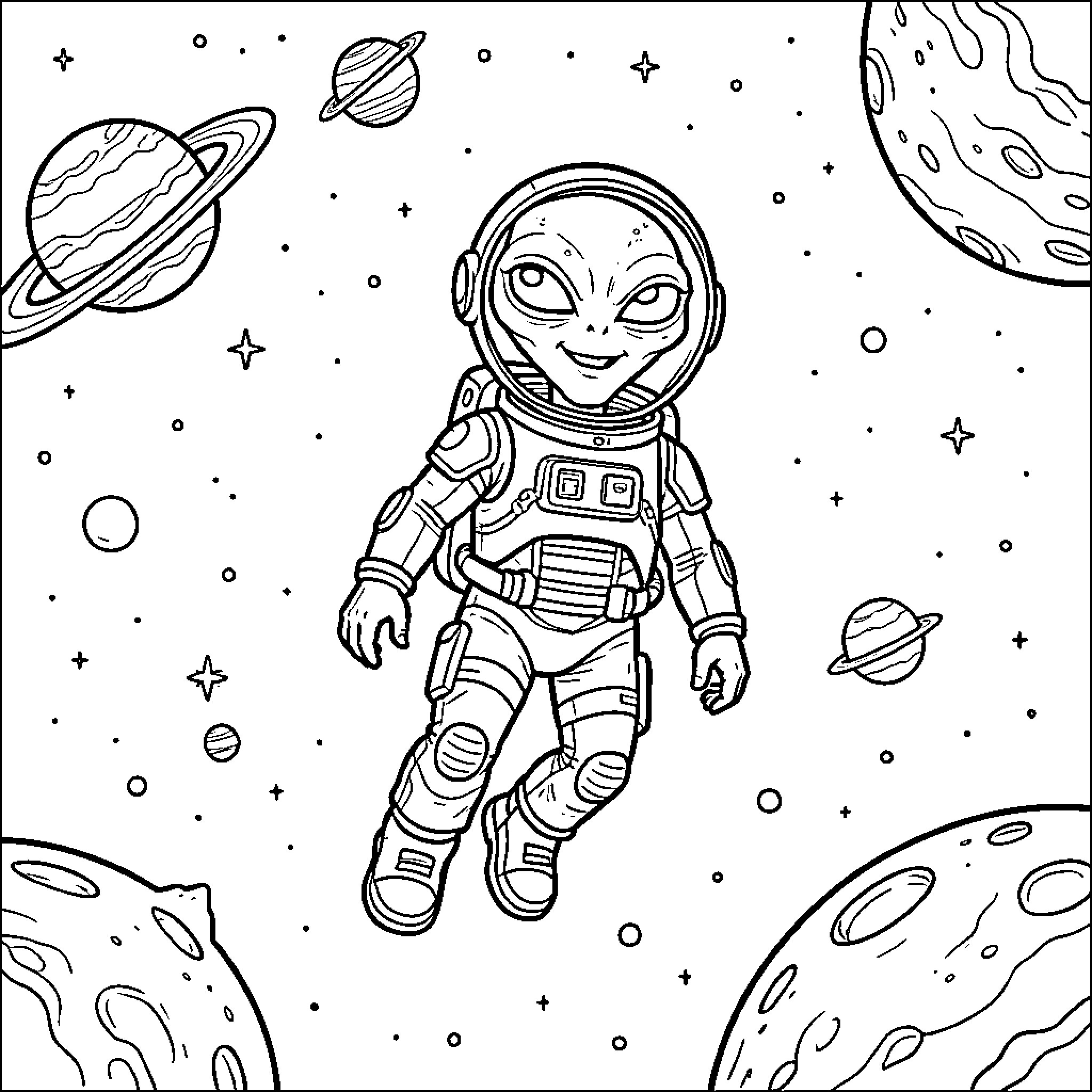 Rocky Alien Astronaut Explores Outer Space Coloring Page (free black-and-white line drawing printable PDF for all, from beginners to advanced learners, including children, teens, adults, and seniors)