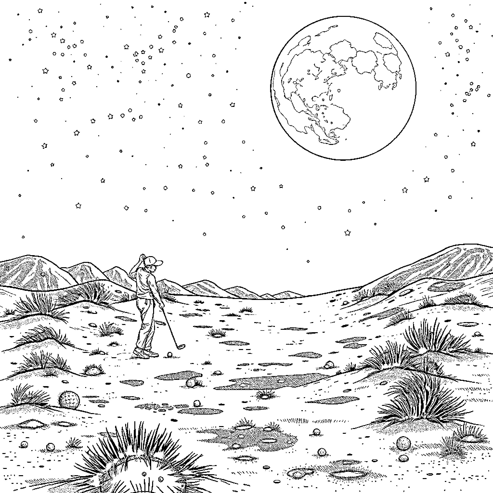 Golf player taking a shot in the desert Coloring Page (free black-and-white line drawing printable PDF for all, from beginners to advanced learners, including children, teens, adults, and seniors)