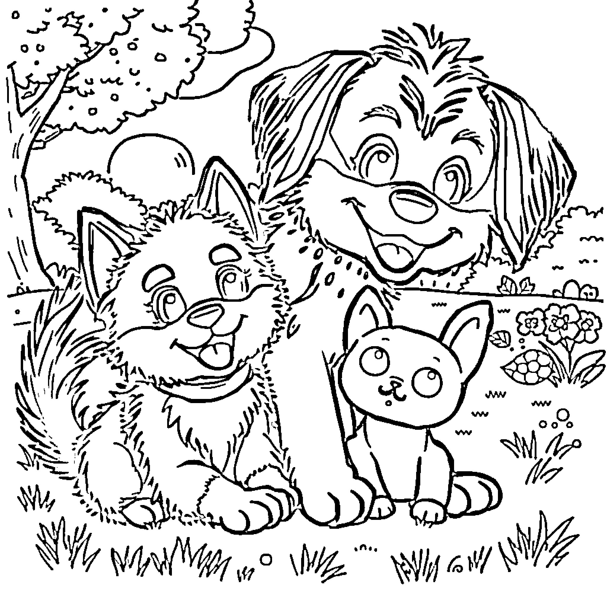 Rumi's Playful Woodland Adventure Coloring Page (free black-and-white line drawing printable PDF for all, from beginners to advanced learners, including children, teens, adults, and seniors)