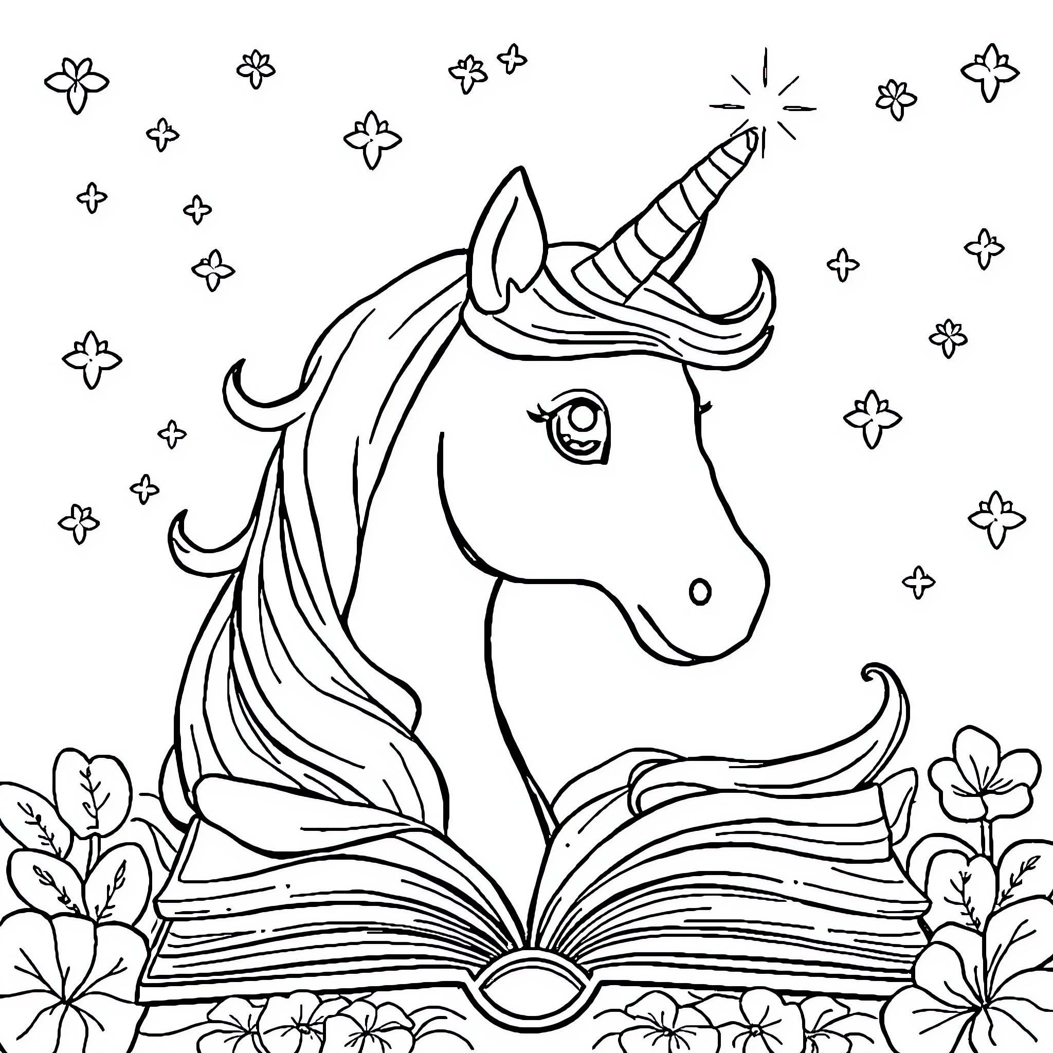 Unicorn reading a magical book in a floral field Coloring Page (free black-and-white line drawing printable PDF for all, from beginners to advanced learners, including children, teens, adults, and seniors)