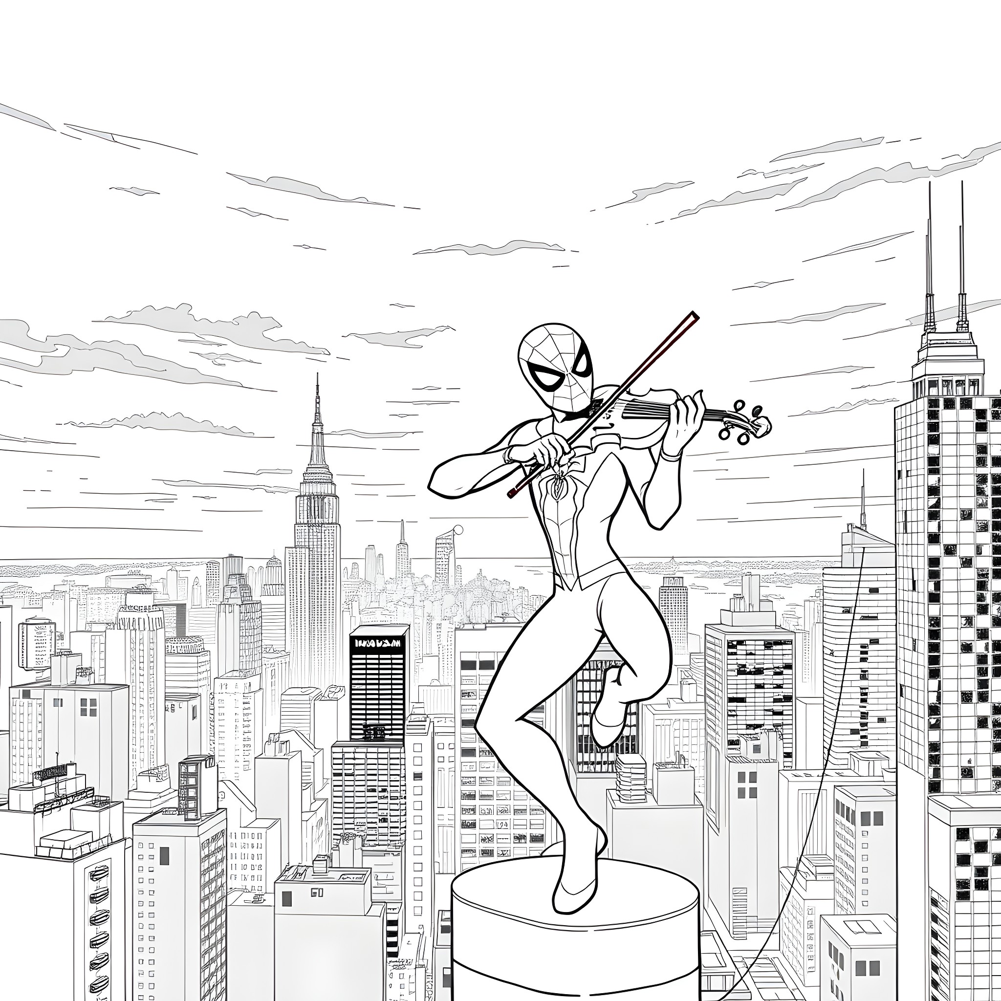 Spiderman playing the violin atop a city skyline Coloring Page (free black-and-white line drawing printable PDF for all, from beginners to advanced learners, including children, teens, adults, and seniors)