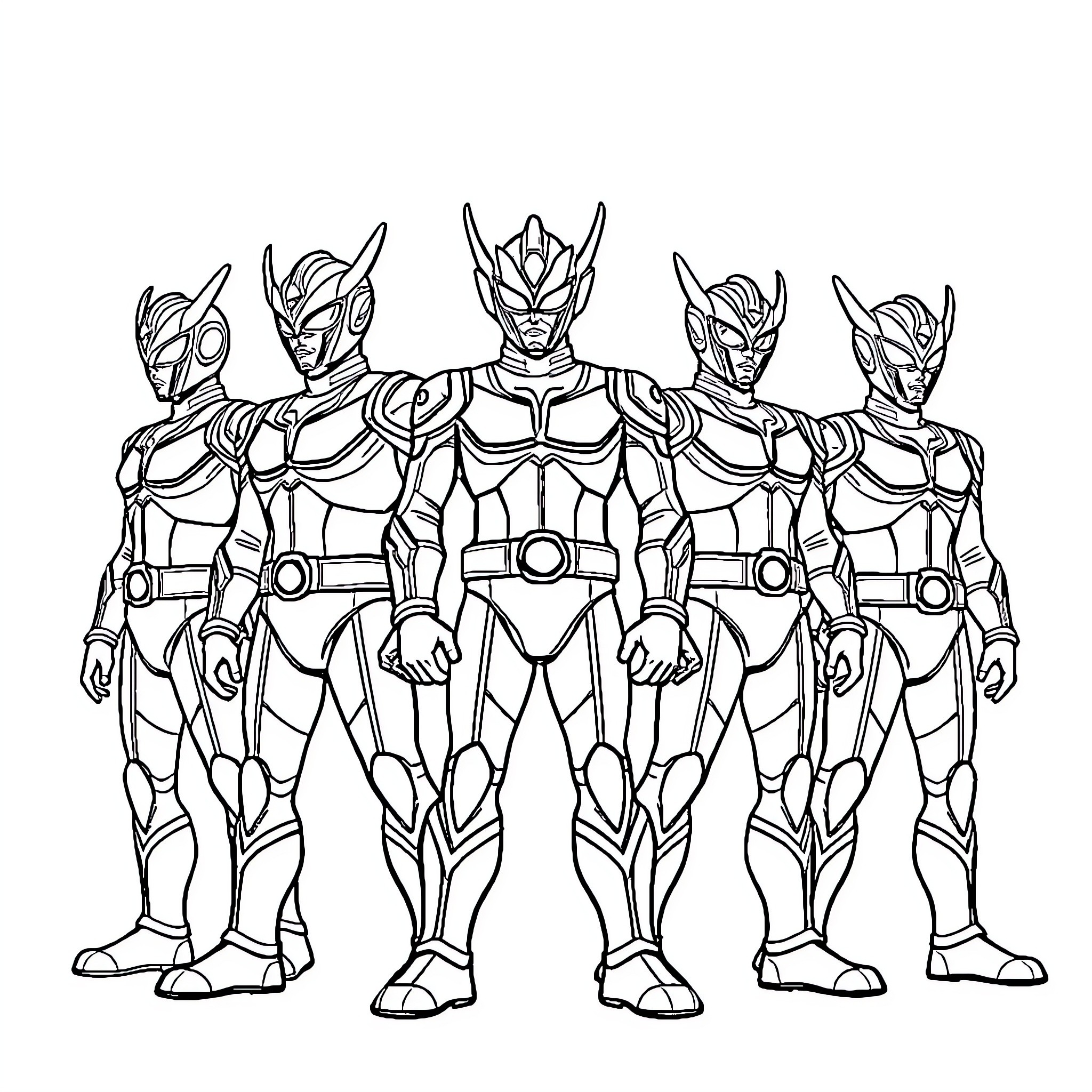 Ultraman heroes team standing together in combat poses Coloring Page (free black-and-white line drawing printable PDF for all, from beginners to advanced learners, including children, teens, adults, and seniors)