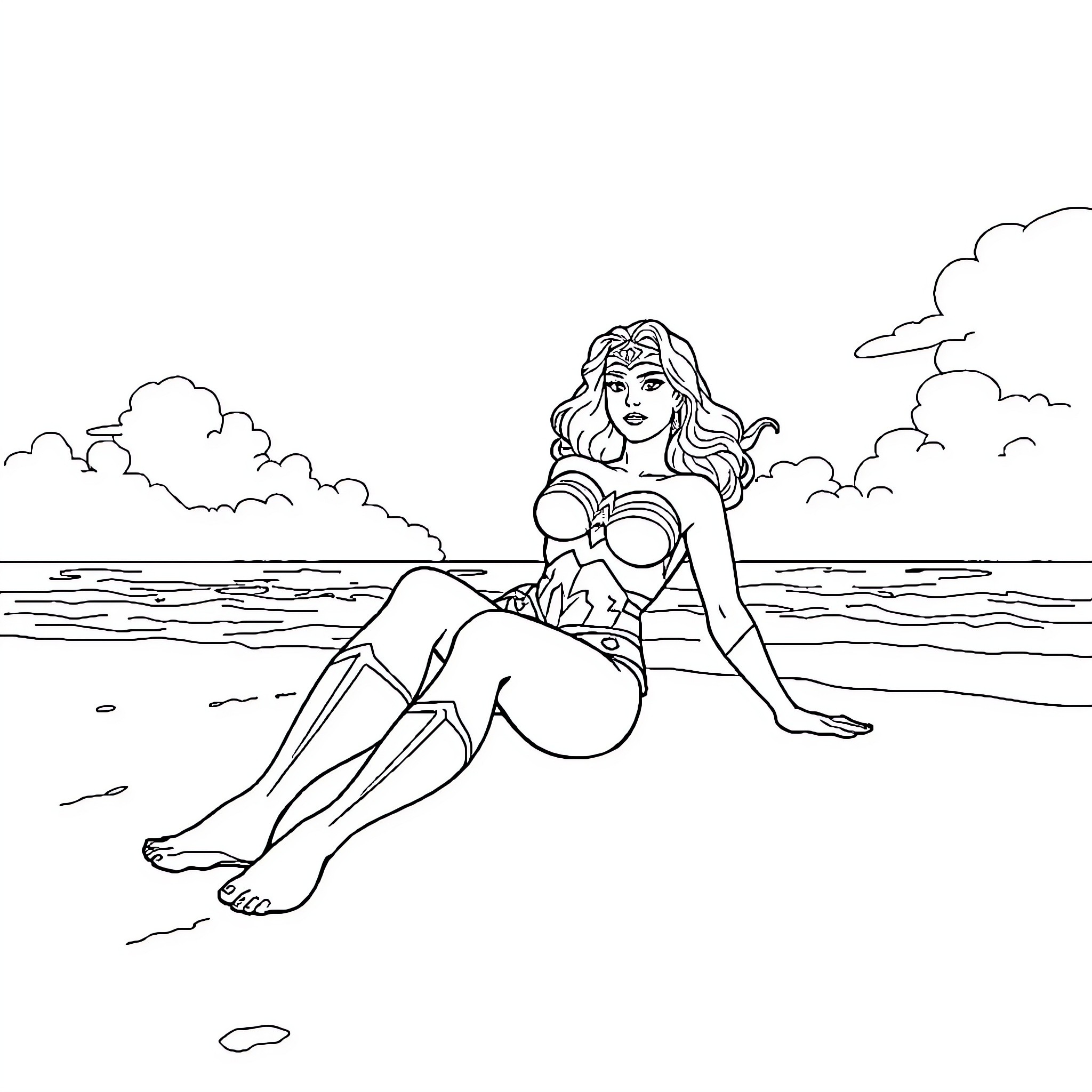 Wonder Woman relaxing on the beach Coloring Page (free black-and-white line drawing printable PDF for all, from beginners to advanced learners, including children, teens, adults, and seniors)