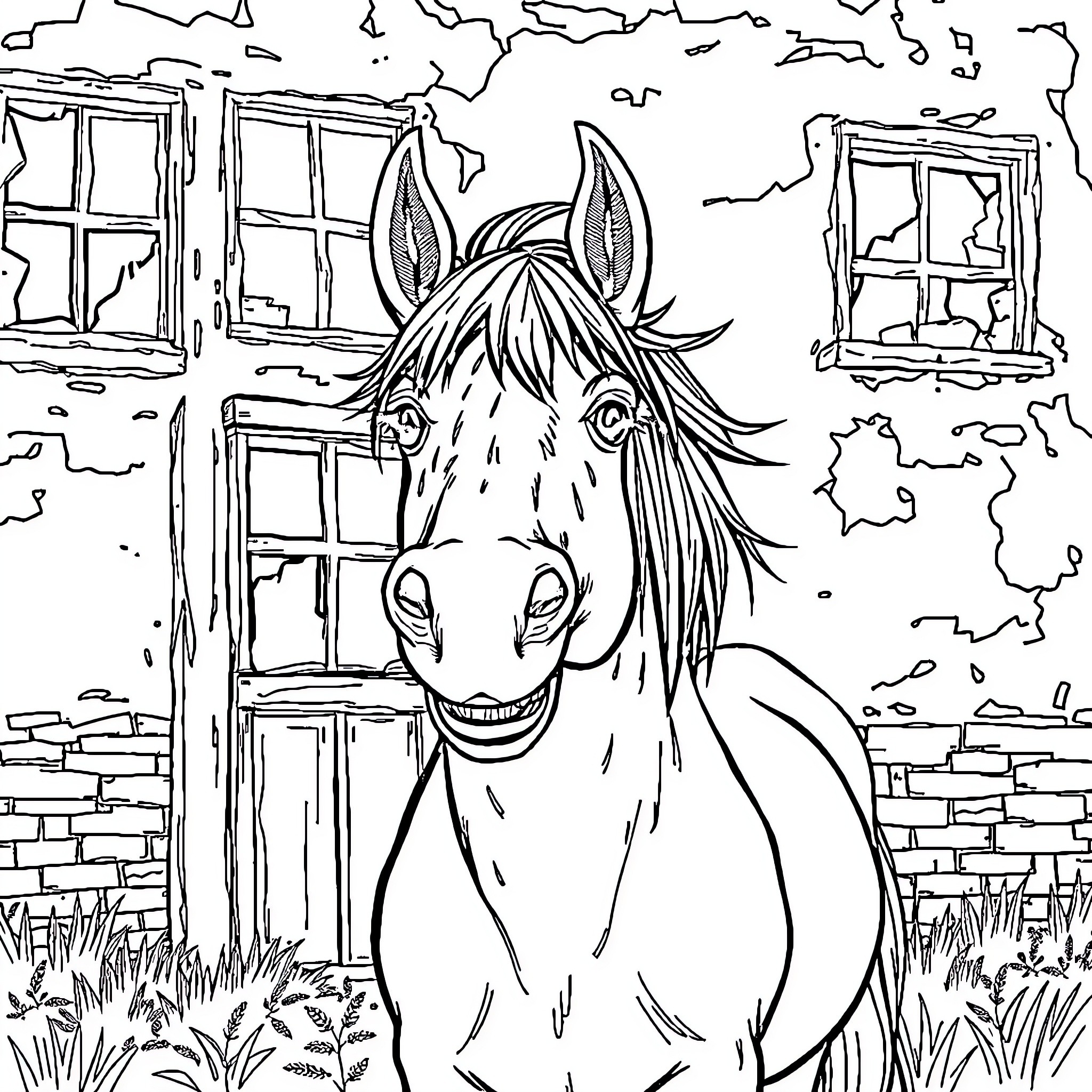 Shetland Pony peering curiously through window frames Coloring Page (free black-and-white line drawing printable PDF for all, from beginners to advanced learners, including children, teens, adults, and seniors)