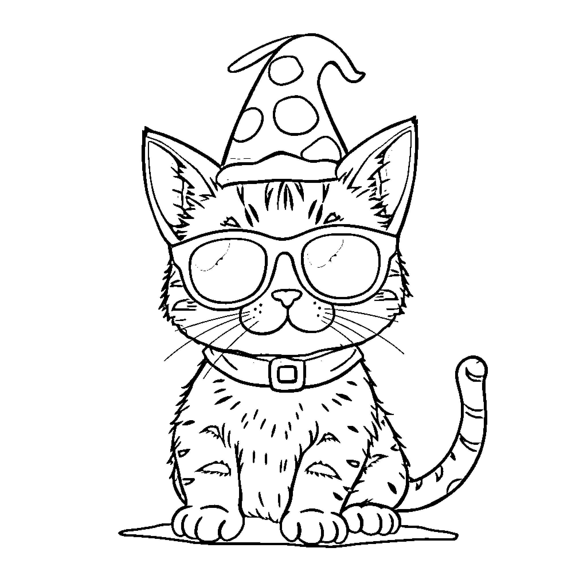 Cat in Silly Costume with Glasses Coloring Page (free black-and-white line drawing printable PDF for all, from beginners to advanced learners, including children, teens, adults, and seniors)
