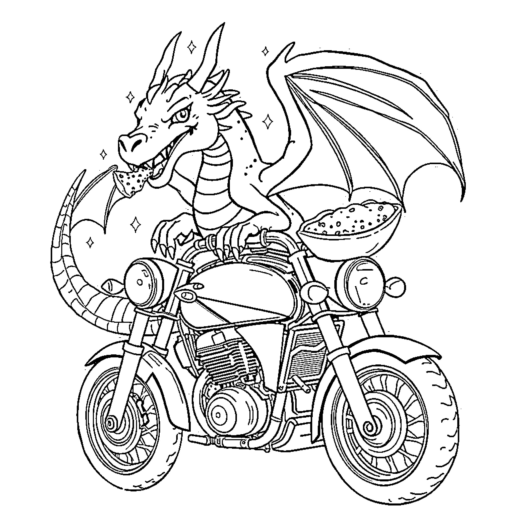Dragon riding a motorcycle with jewel treasure Coloring Page (free black-and-white line drawing printable PDF for all, from beginners to advanced learners, including children, teens, adults, and seniors)