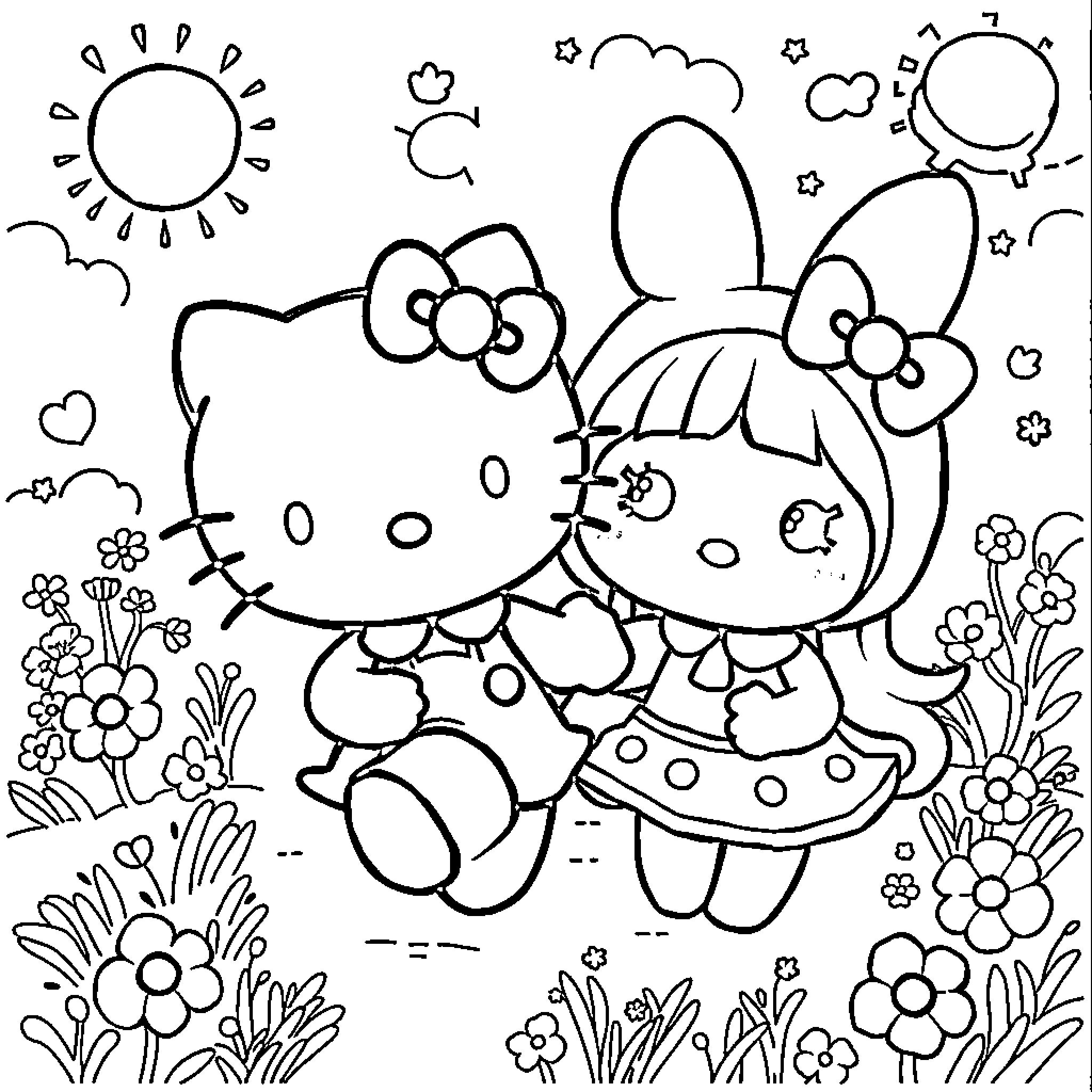 Hello Kitty Enjoying Flowers and Nature Coloring Page (free black-and-white line drawing printable PDF for all, from beginners to advanced learners, including children, teens, adults, and seniors)