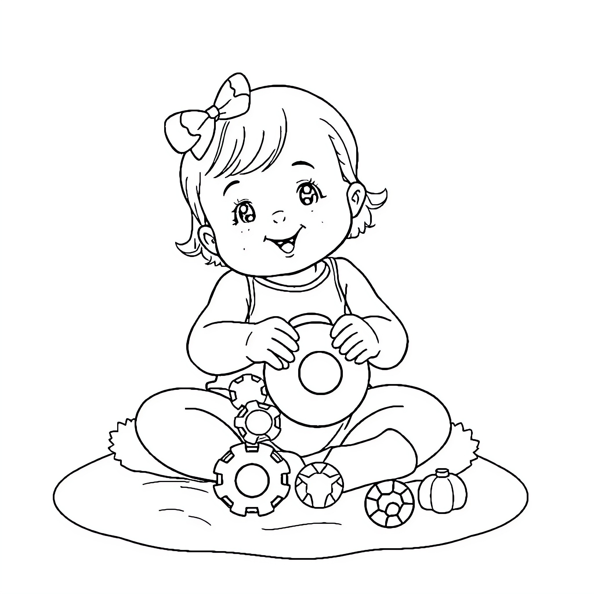 Baby Girl Playing with Toys on the Ground Coloring Page (free black-and-white line drawing printable PDF for all, from beginners to advanced learners, including children, teens, adults, and seniors)