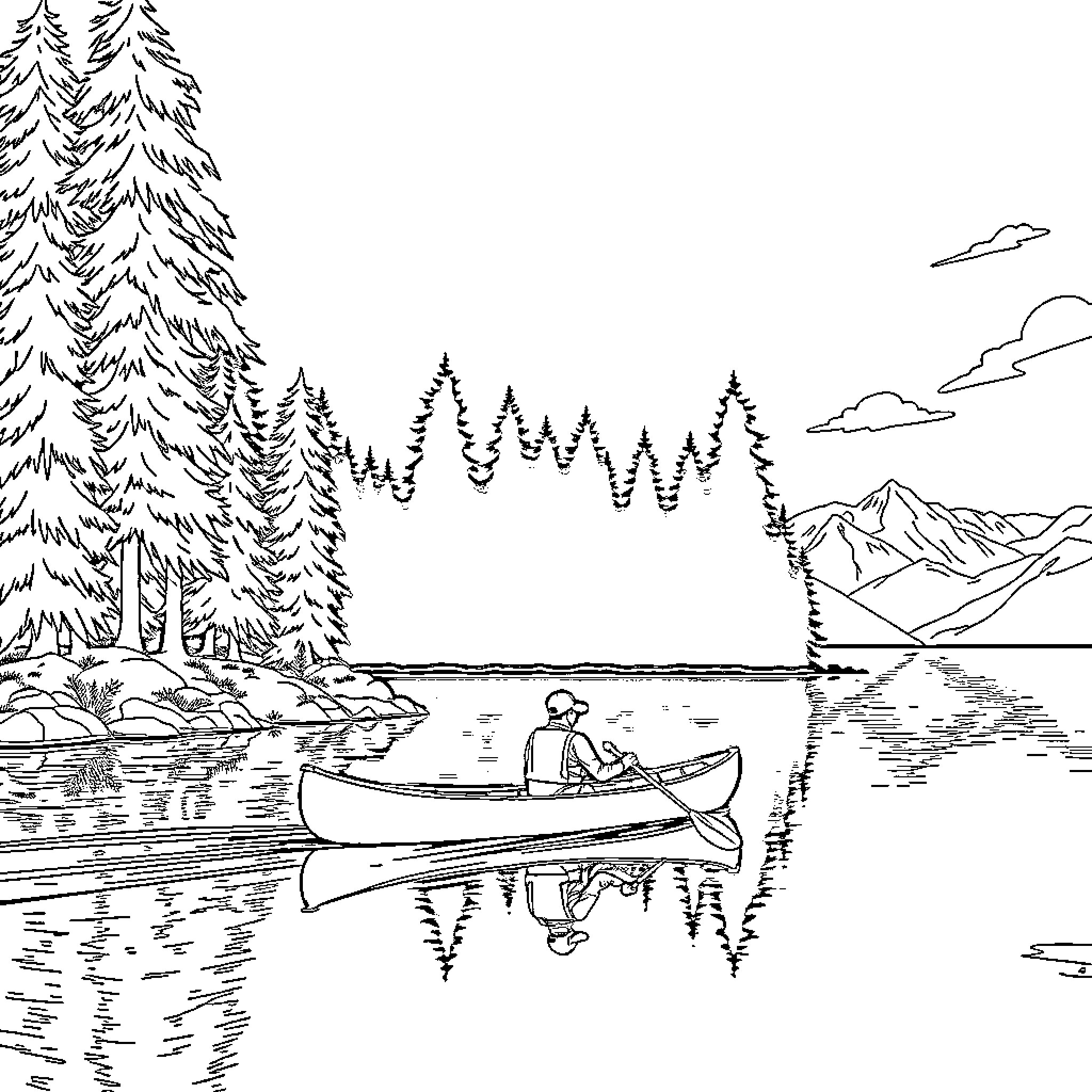 Camper relaxing in a canoe on a serene lake Coloring Page (free black-and-white line drawing printable PDF for all, from beginners to advanced learners, including children, teens, adults, and seniors)