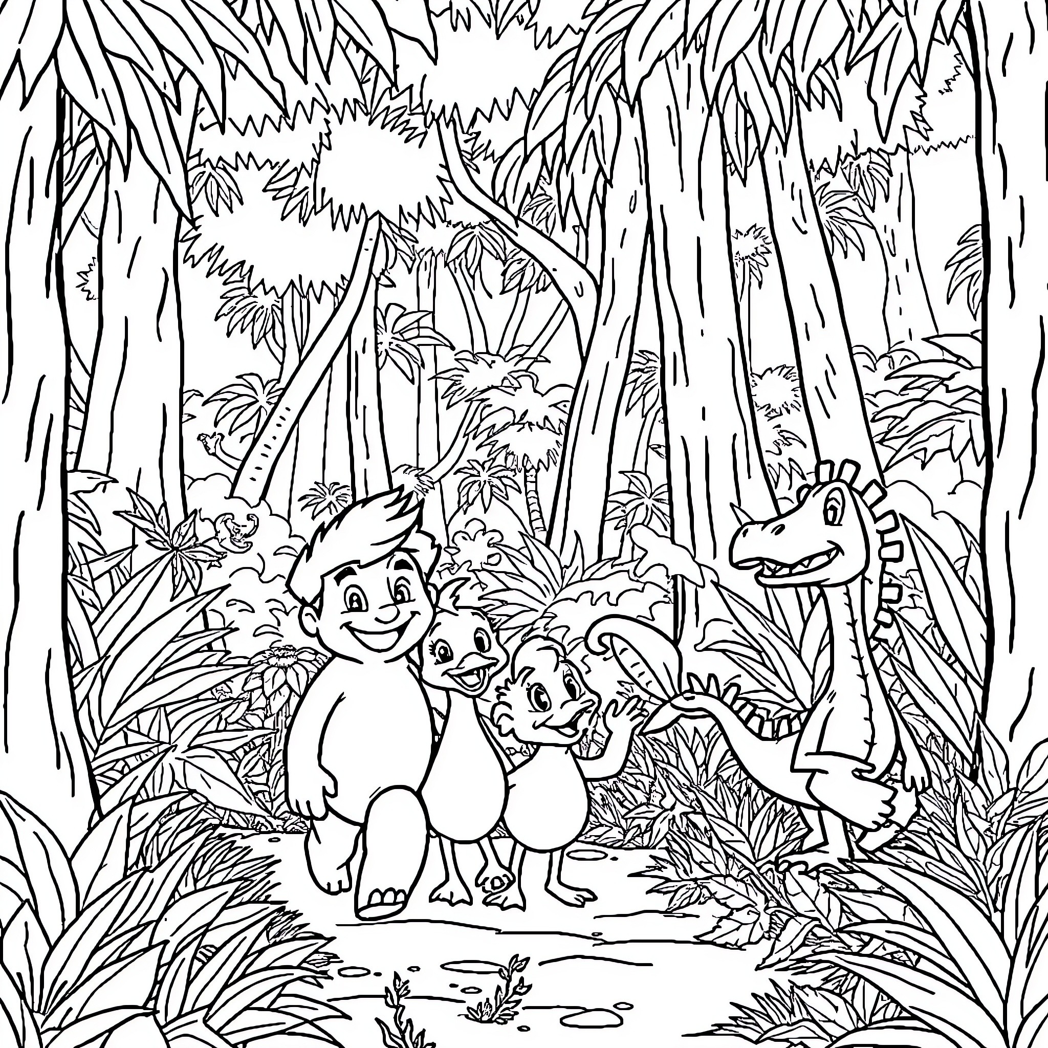 Dinosaur characters exploring the jungle Coloring Page (free black-and-white line drawing printable PDF for all, from beginners to advanced learners, including children, teens, adults, and seniors)