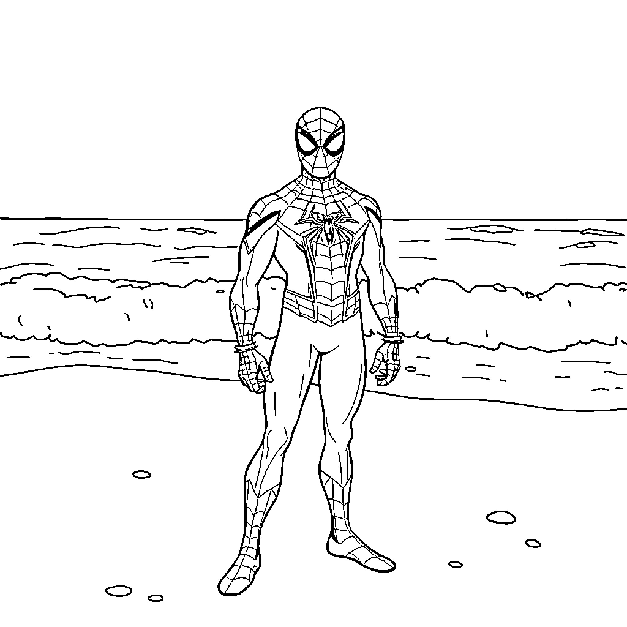 Spiderman standing heroically on a beach Coloring Page (free black-and-white line drawing printable PDF for all, from beginners to advanced learners, including children, teens, adults, and seniors)