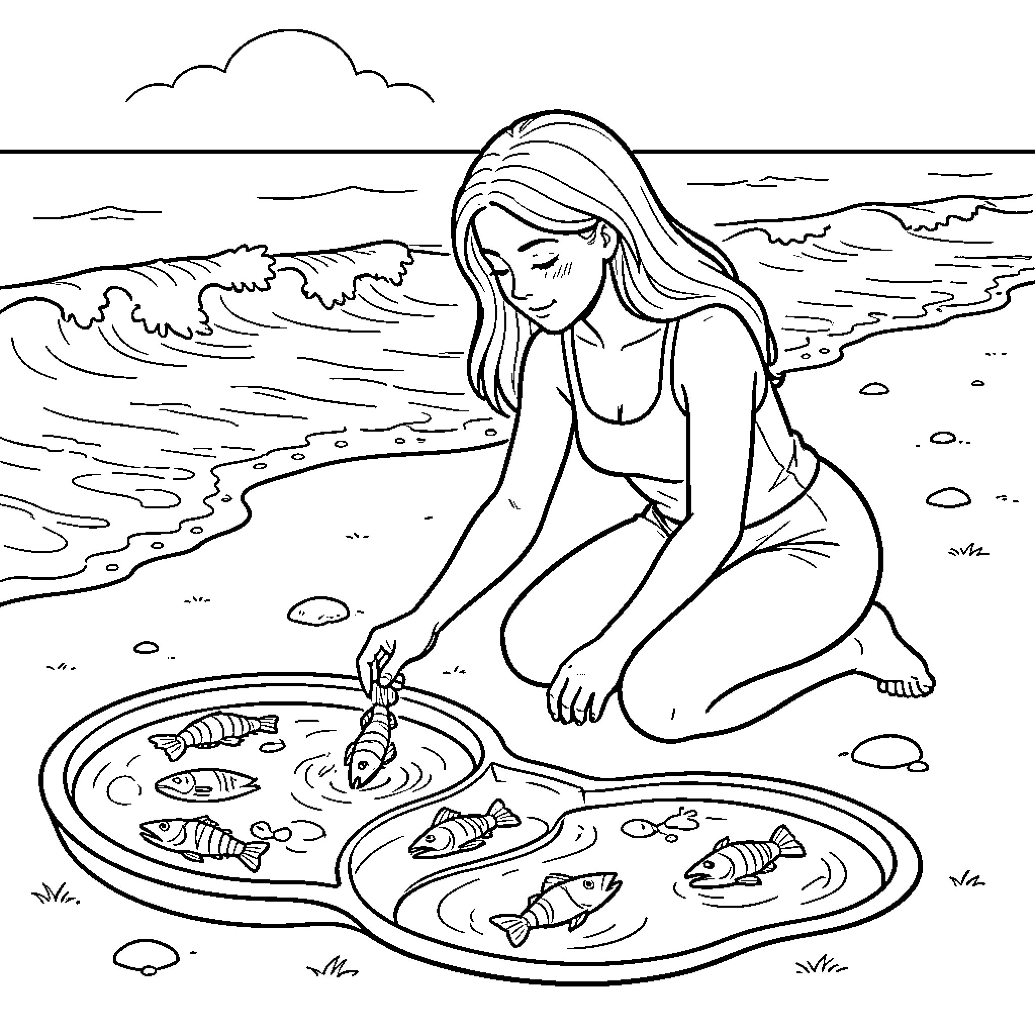 Woman playing in the waves at the beach Coloring Page (free black-and-white line drawing printable PDF for all, from beginners to advanced learners, including children, teens, adults, and seniors)