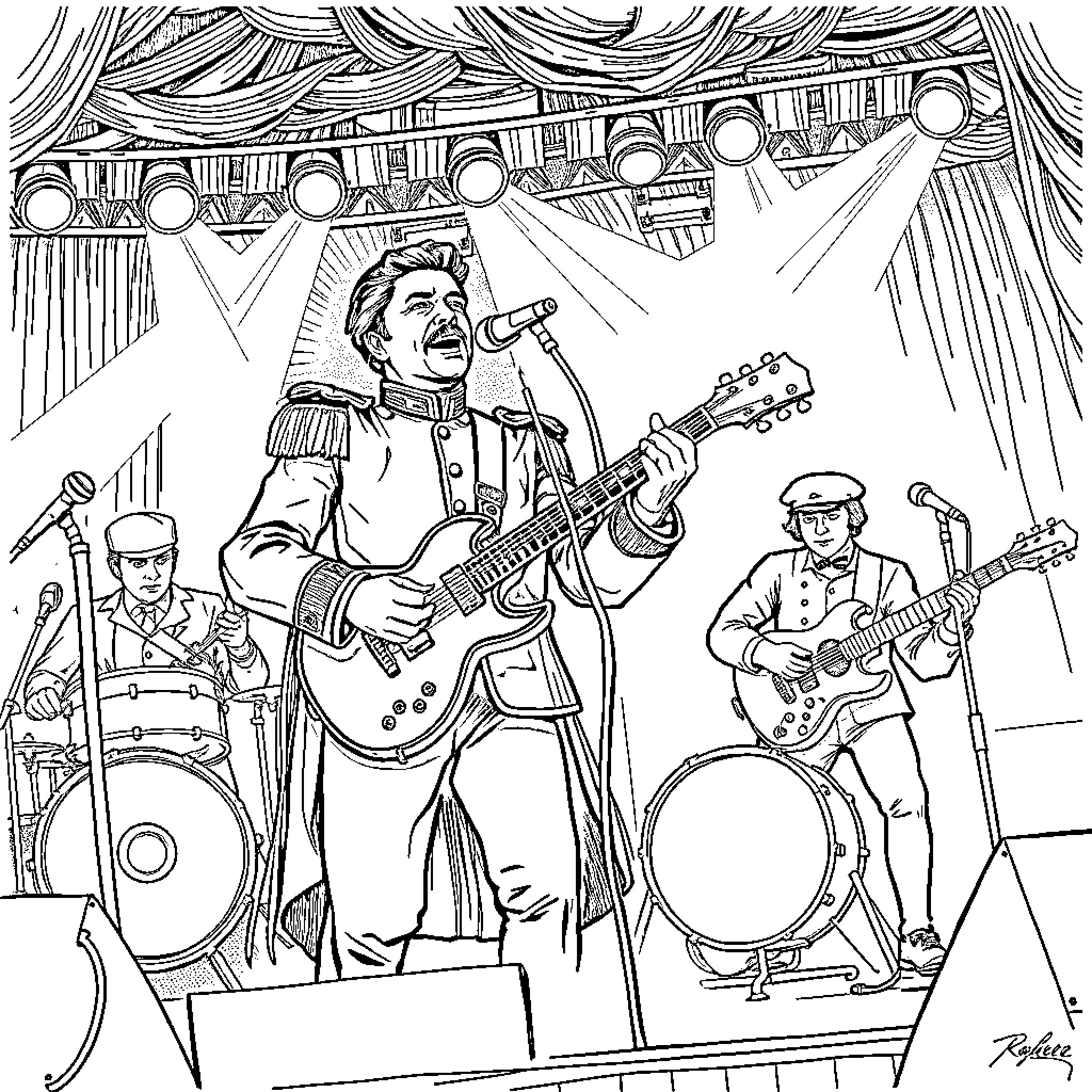Archduke Franz Ferdinand performing on stage with his band Coloring Page (free black-and-white line drawing printable PDF for all, from beginners to advanced learners, including children, teens, adults, and seniors)