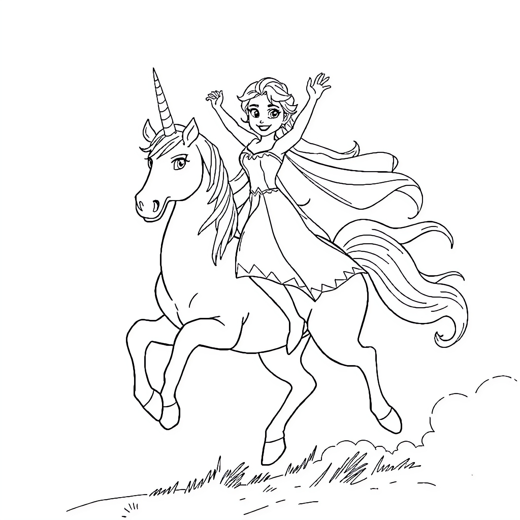 Elsa riding a majestic unicorn through a magical field Coloring Page (free black-and-white line drawing printable PDF for all, from beginners to advanced learners, including children, teens, adults, and seniors)