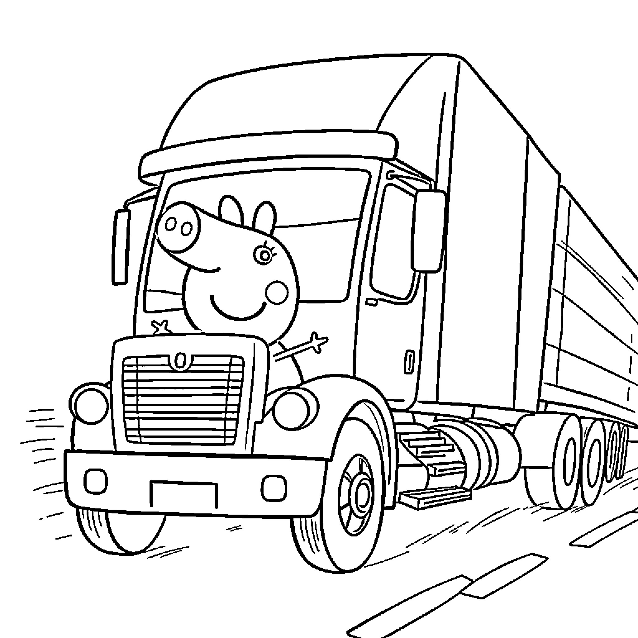 Peppa Pig driving a big truck happily Coloring Page (free black-and-white line drawing printable PDF for all, from beginners to advanced learners, including children, teens, adults, and seniors)