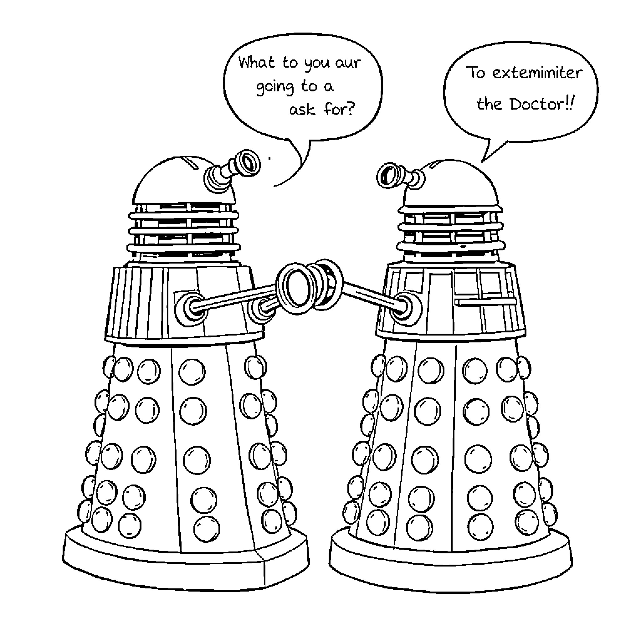 Daleks discussing plans for extermination Coloring Page (free black-and-white line drawing printable PDF for all, from beginners to advanced learners, including children, teens, adults, and seniors)