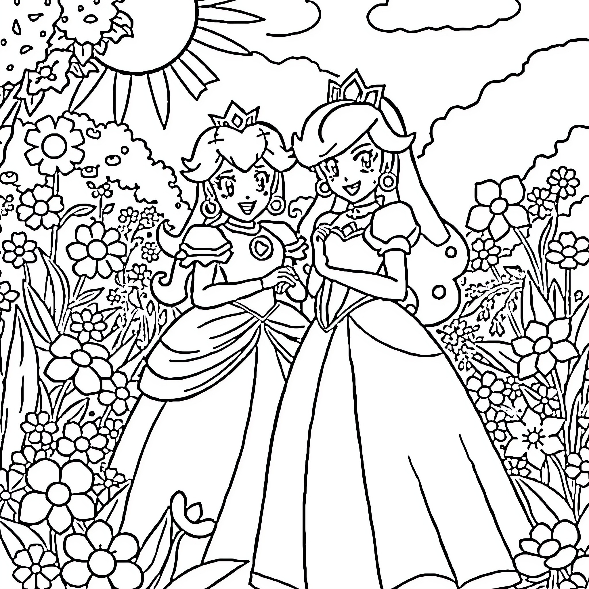 Princess enjoying a floral garden scene Coloring Page (free black-and-white line drawing printable PDF for all, from beginners to advanced learners, including children, teens, adults, and seniors)