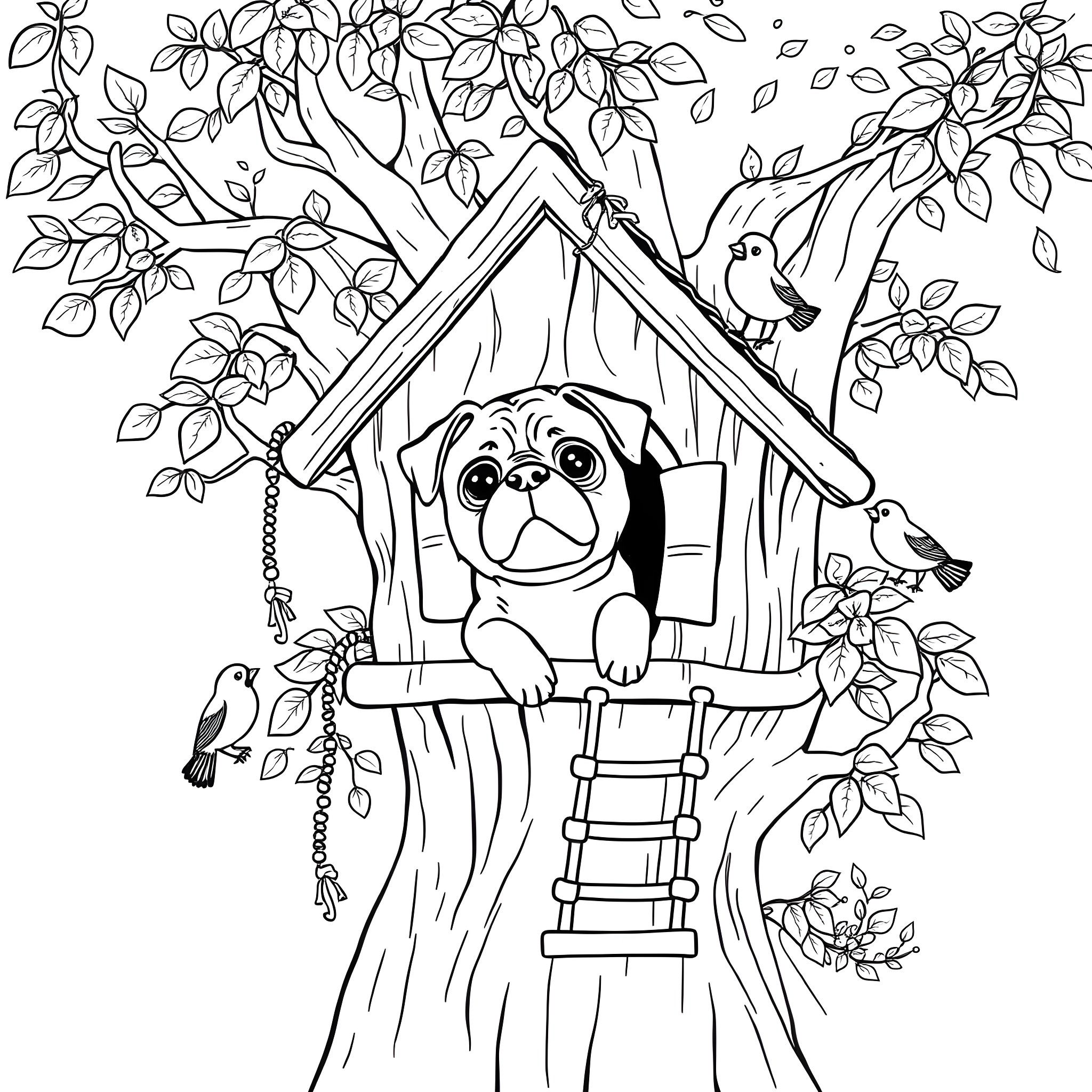 Pug enjoying the cozy treehouse with birds Coloring Page (free black-and-white line drawing printable PDF for all, from beginners to advanced learners, including children, teens, adults, and seniors)
