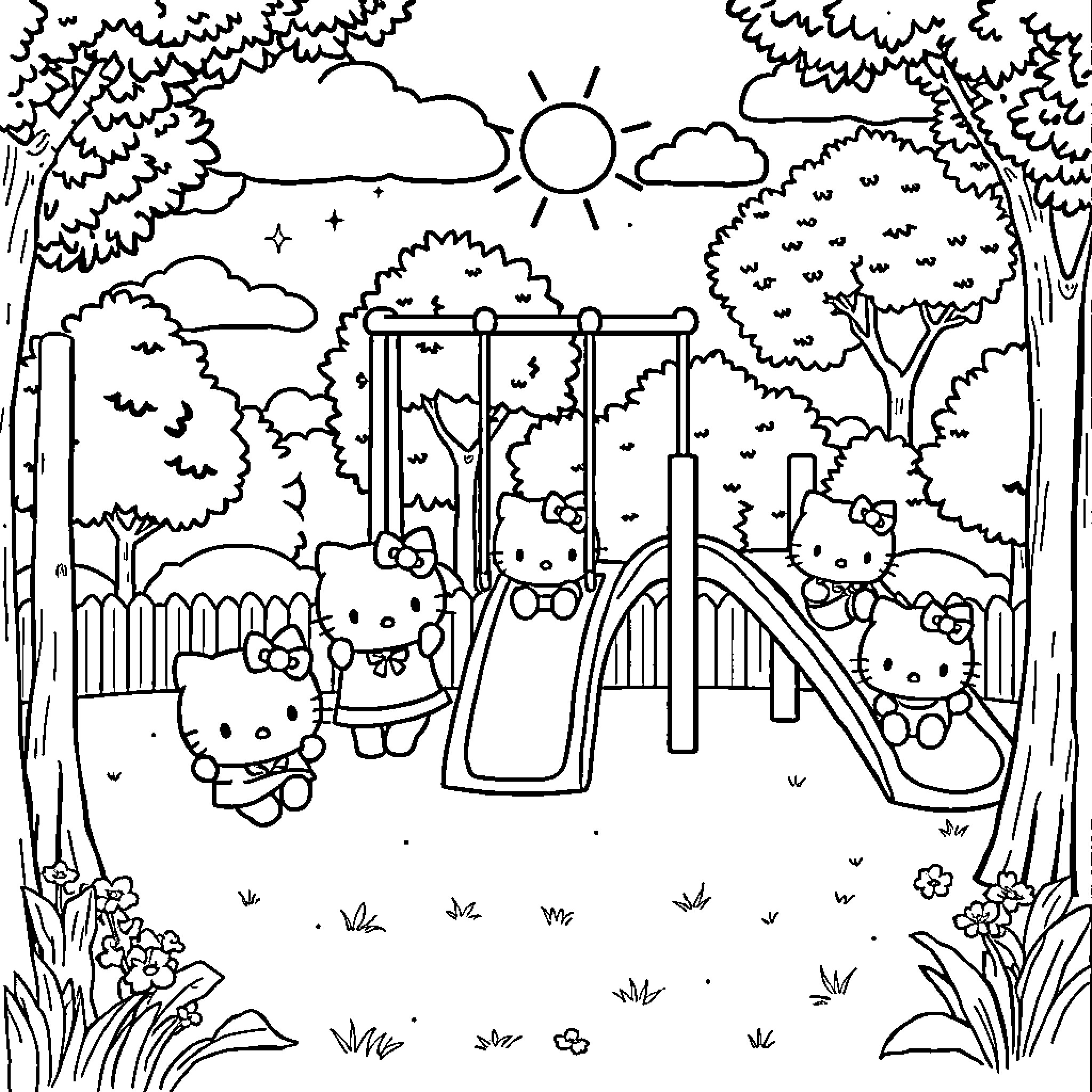 Sanrio Characters Enjoying Outdoor Playground Coloring Page (free black-and-white line drawing printable PDF for all, from beginners to advanced learners, including children, teens, adults, and seniors)