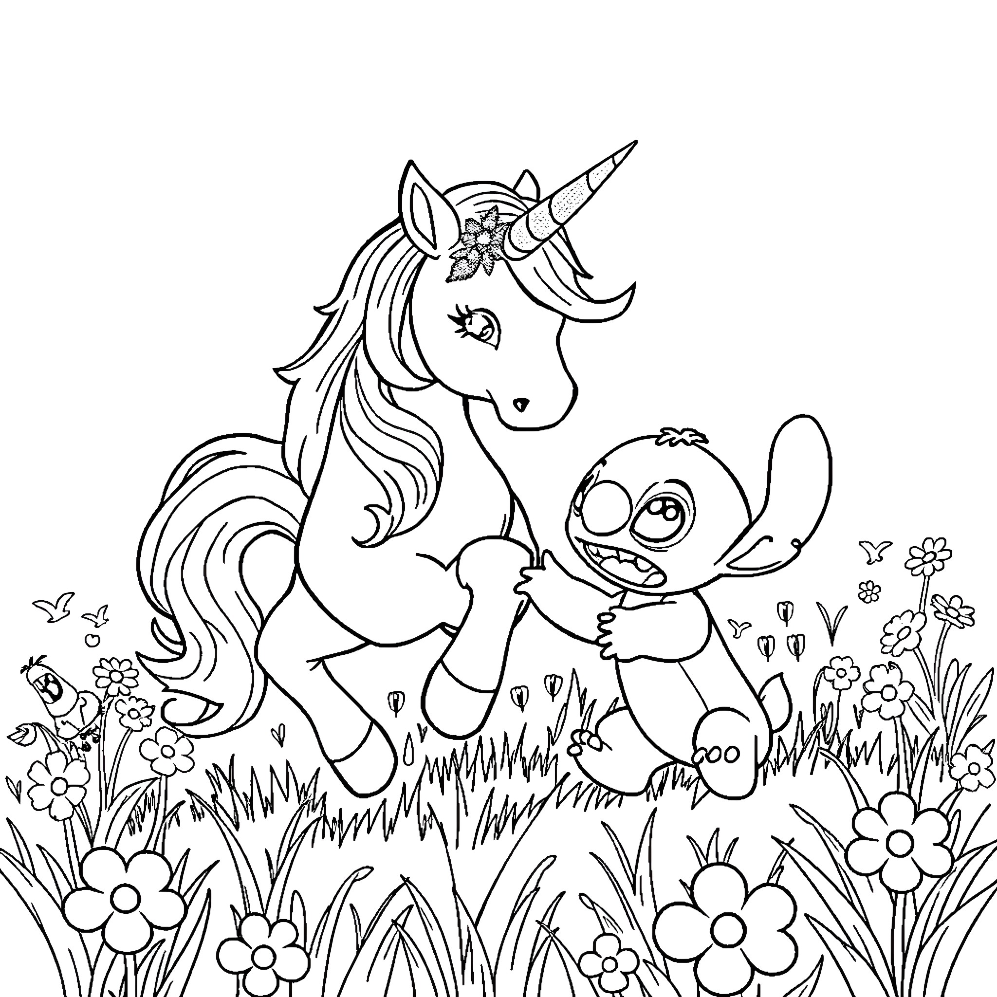Unicorn and Stitch playing joyfully in a magical meadow Coloring Page (free black-and-white line drawing printable PDF for all, from beginners to advanced learners, including children, teens, adults, and seniors)