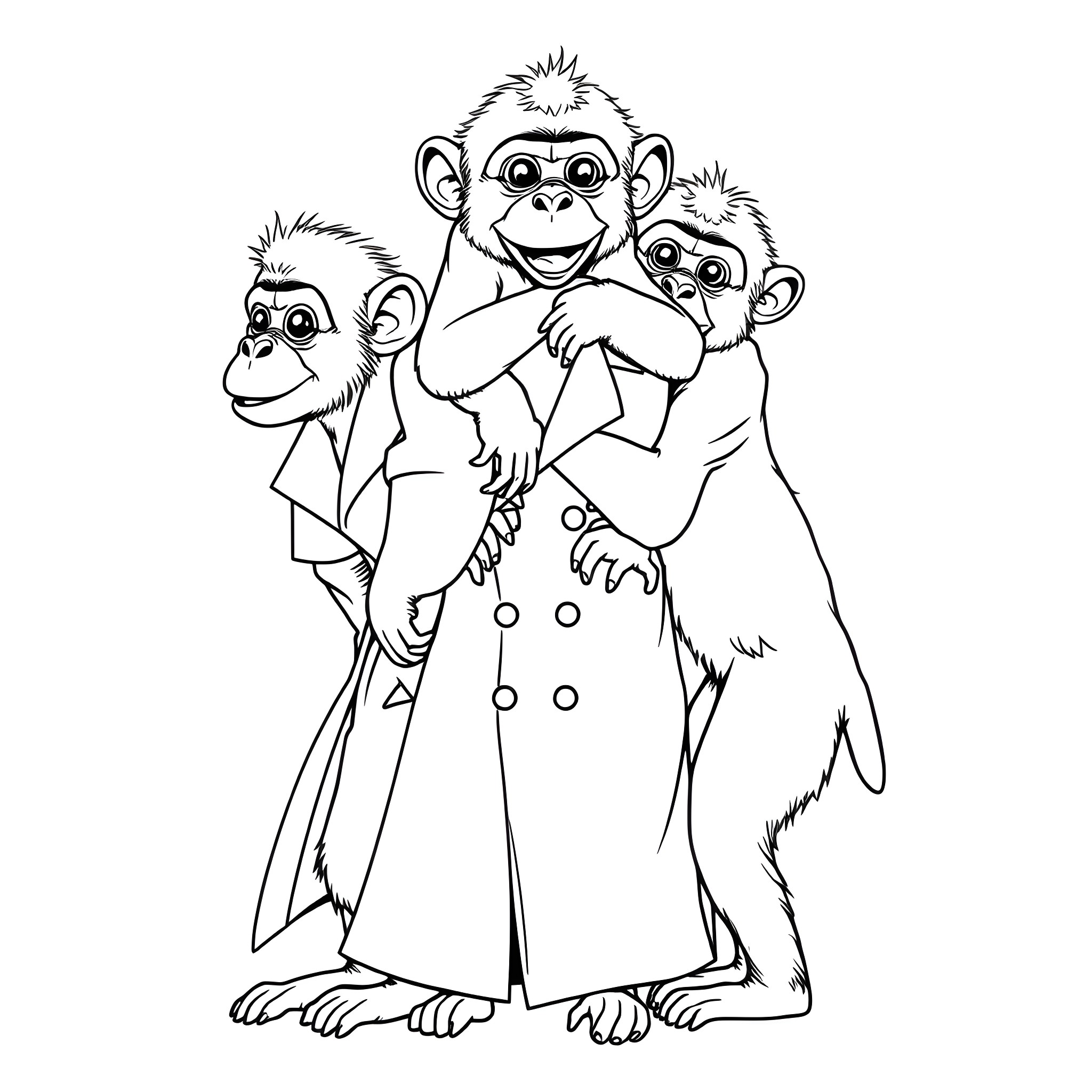 Monkey friends posing together in silly outfits Coloring Page (free black-and-white line drawing printable PDF for all, from beginners to advanced learners, including children, teens, adults, and seniors)