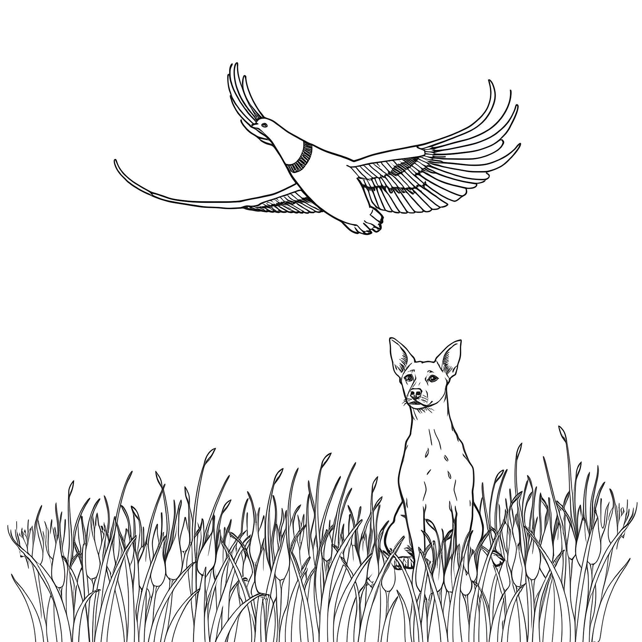 Pheasant soaring gracefully in the sky Coloring Page (free black-and-white line drawing printable PDF for all, from beginners to advanced learners, including children, teens, adults, and seniors)